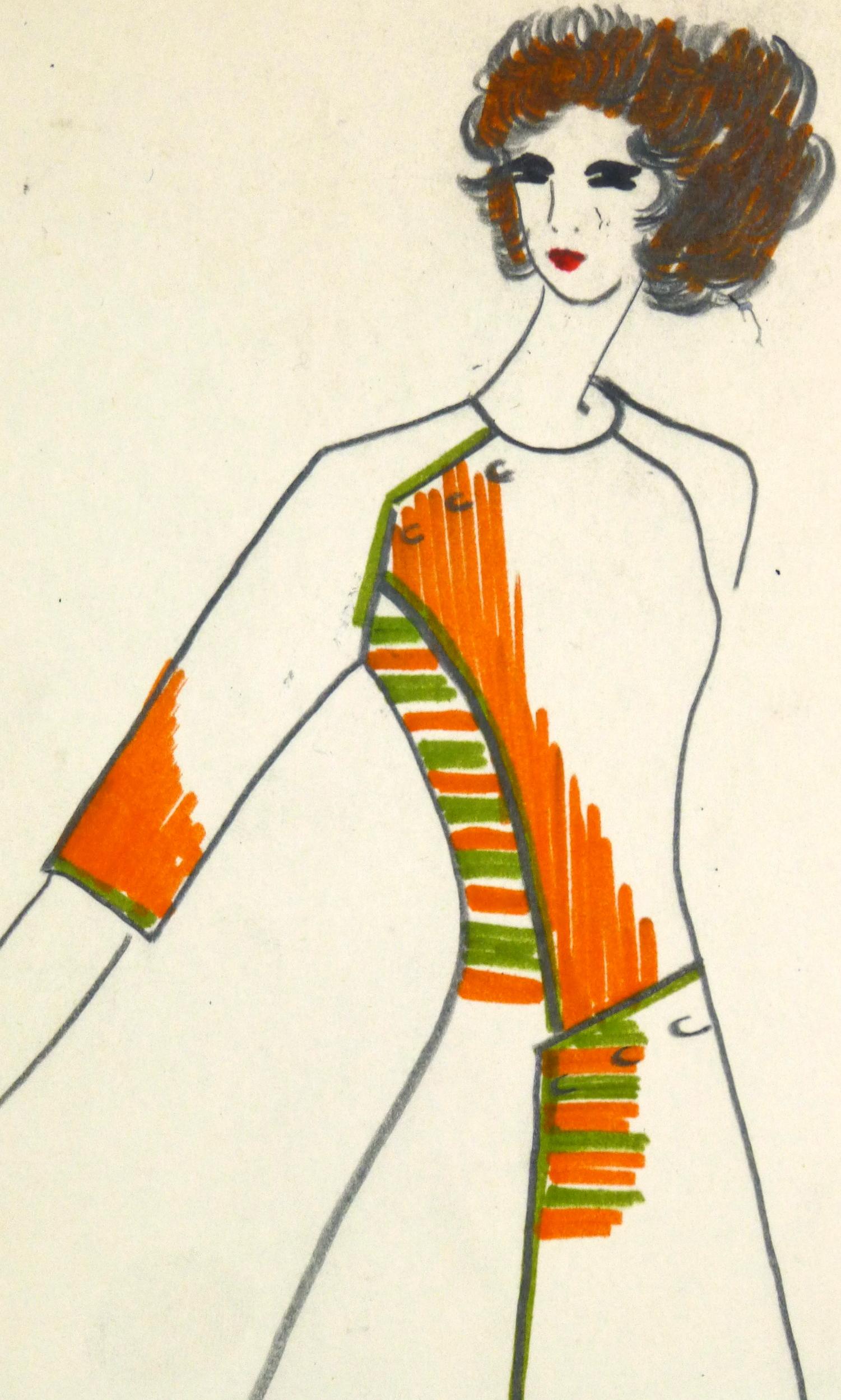 Vintage Paris Fashion Drawing - Mod Coat Dress, c. 1980 - Art by Unknown