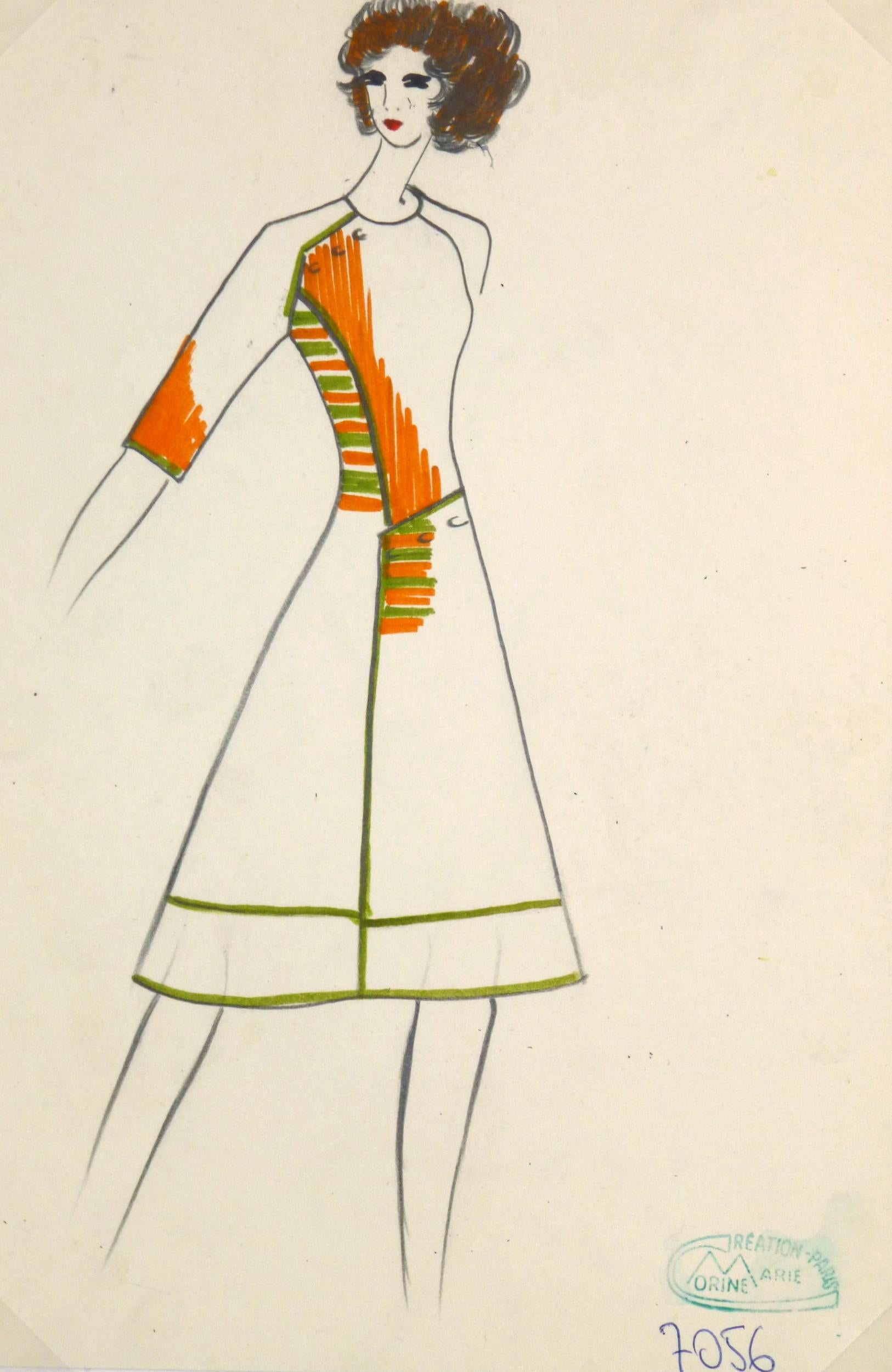 Unknown Figurative Art - Vintage Paris Fashion Drawing - Mod Coat Dress, c. 1980
