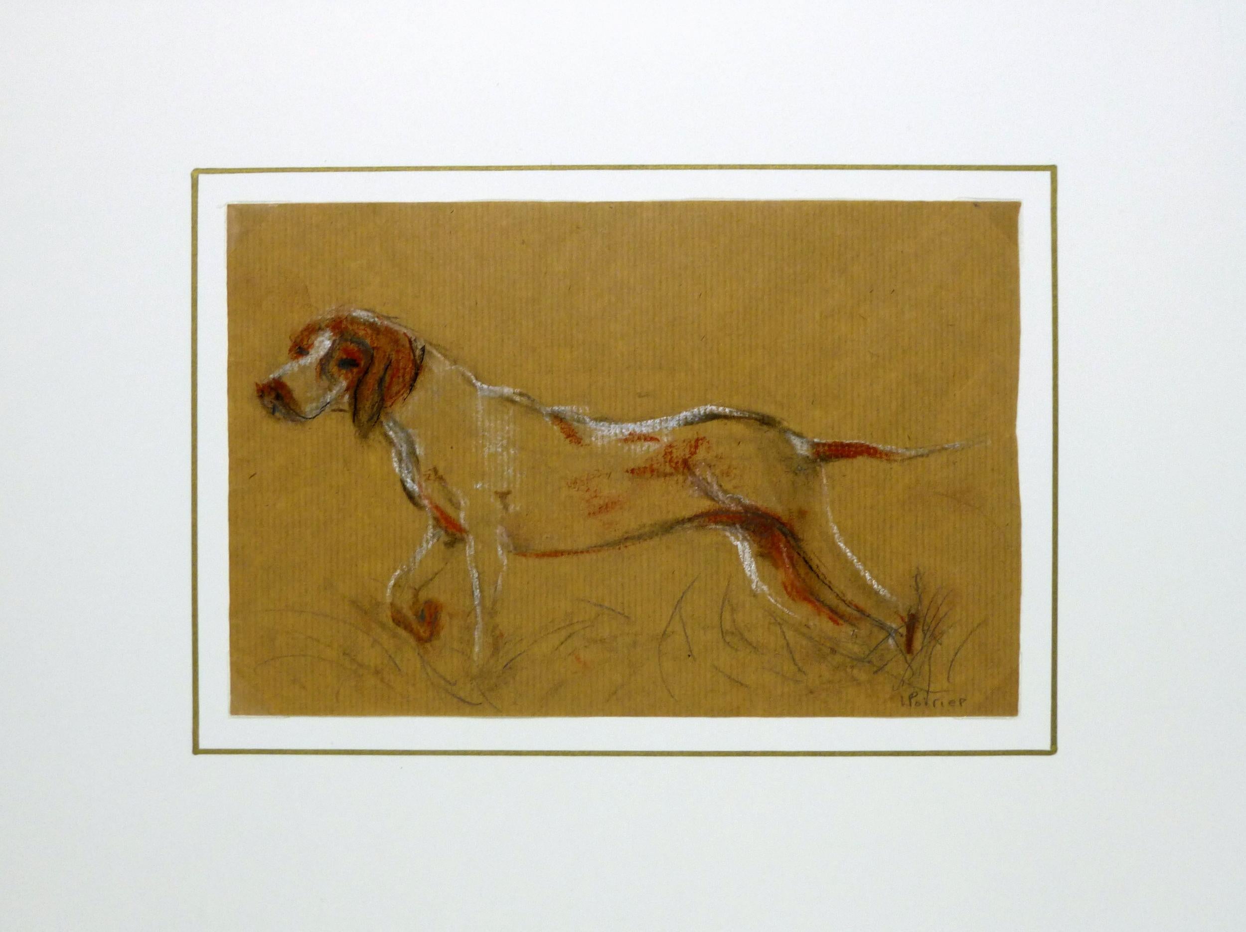 Expressive drawing of a beagle - in pointing stance mid-hunt - in pencil and chalk by French artist Louisette Poirier, signed lower right corner. 

Original artwork on paper displayed on a white mat with a gold border. Mat fits a standard-size