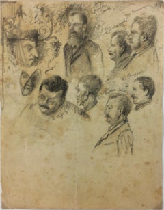 Antique Figurative Pencil Drawing - Male Portrait Studies