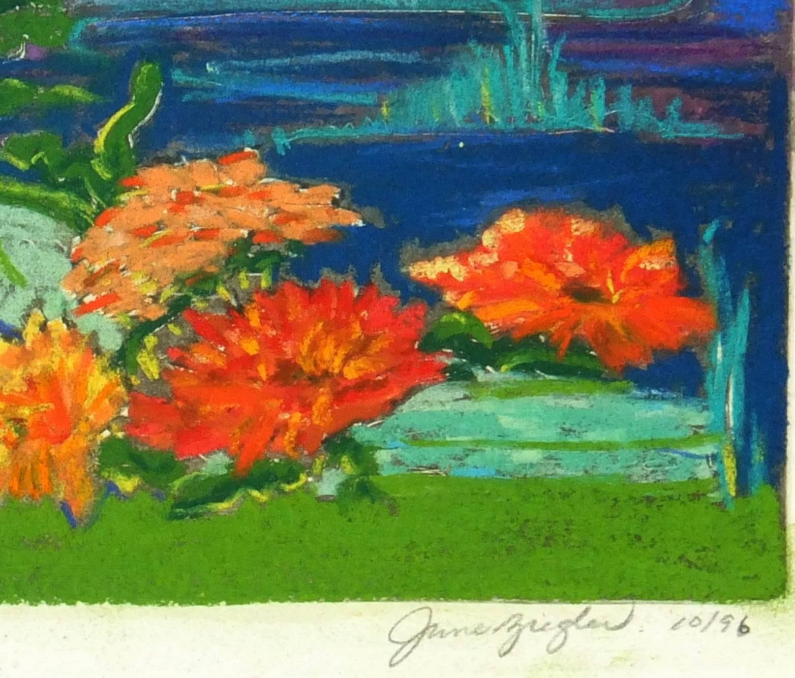 Pastel with dazzling colors (Orange and red flowers, hues of greens and different shades of blue in the background) of fiery flowers blooming by the water. Signed 