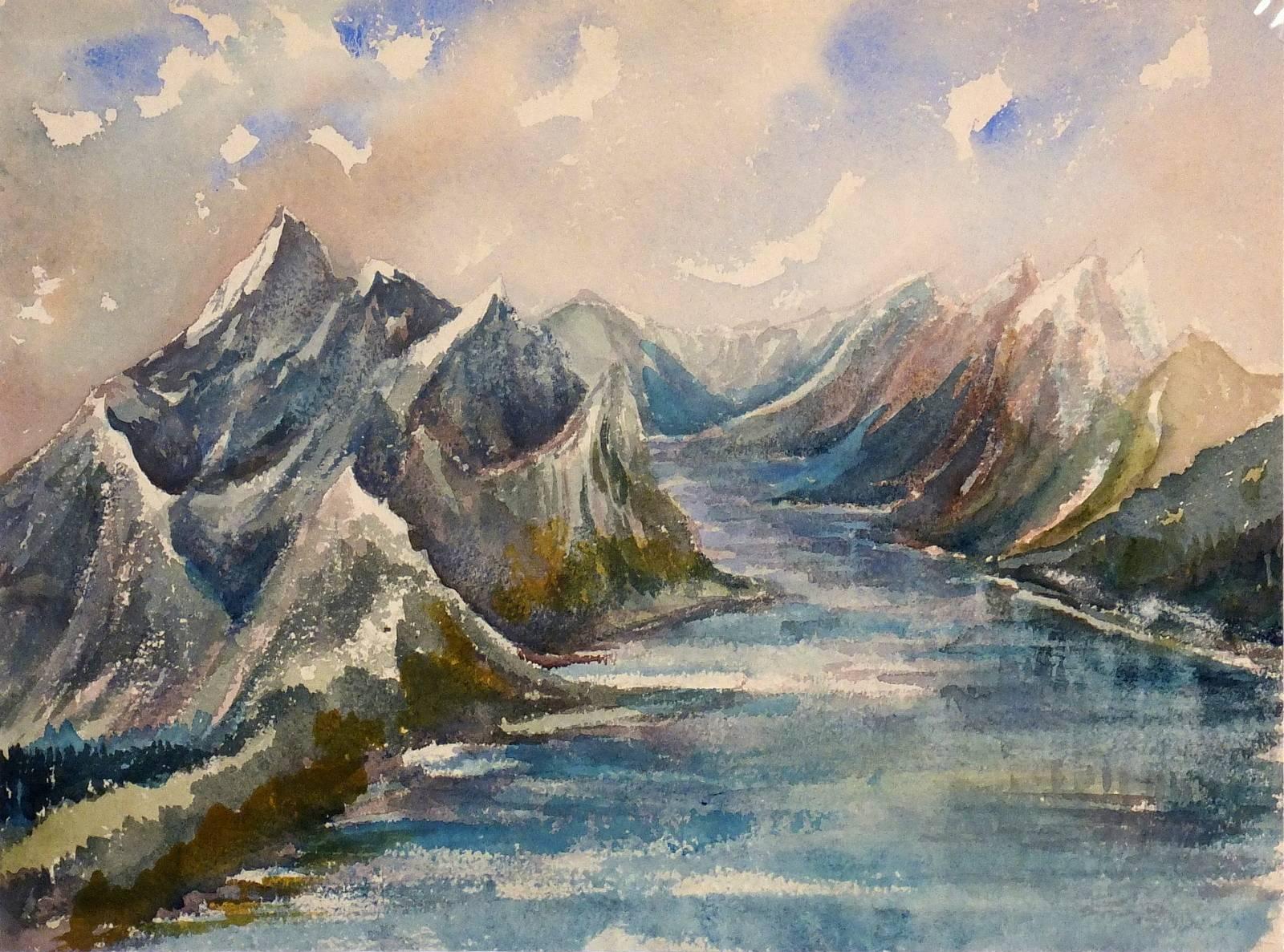 Alfred Siegris Landscape Art - Watercolor Painting - High Alpine Lake Landscape