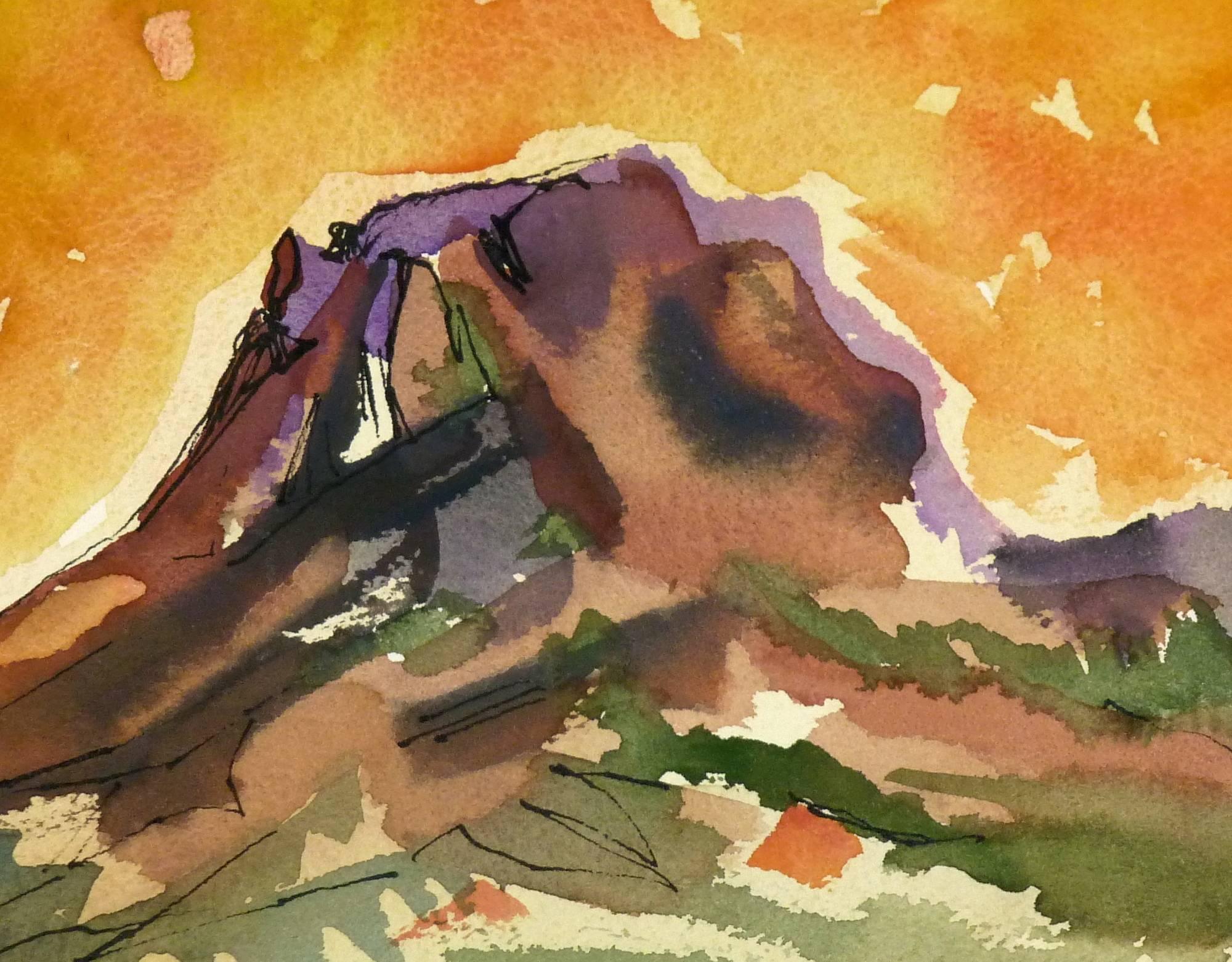 Watercolor - Fiery Mountain Top Landscape - Art by Unknown