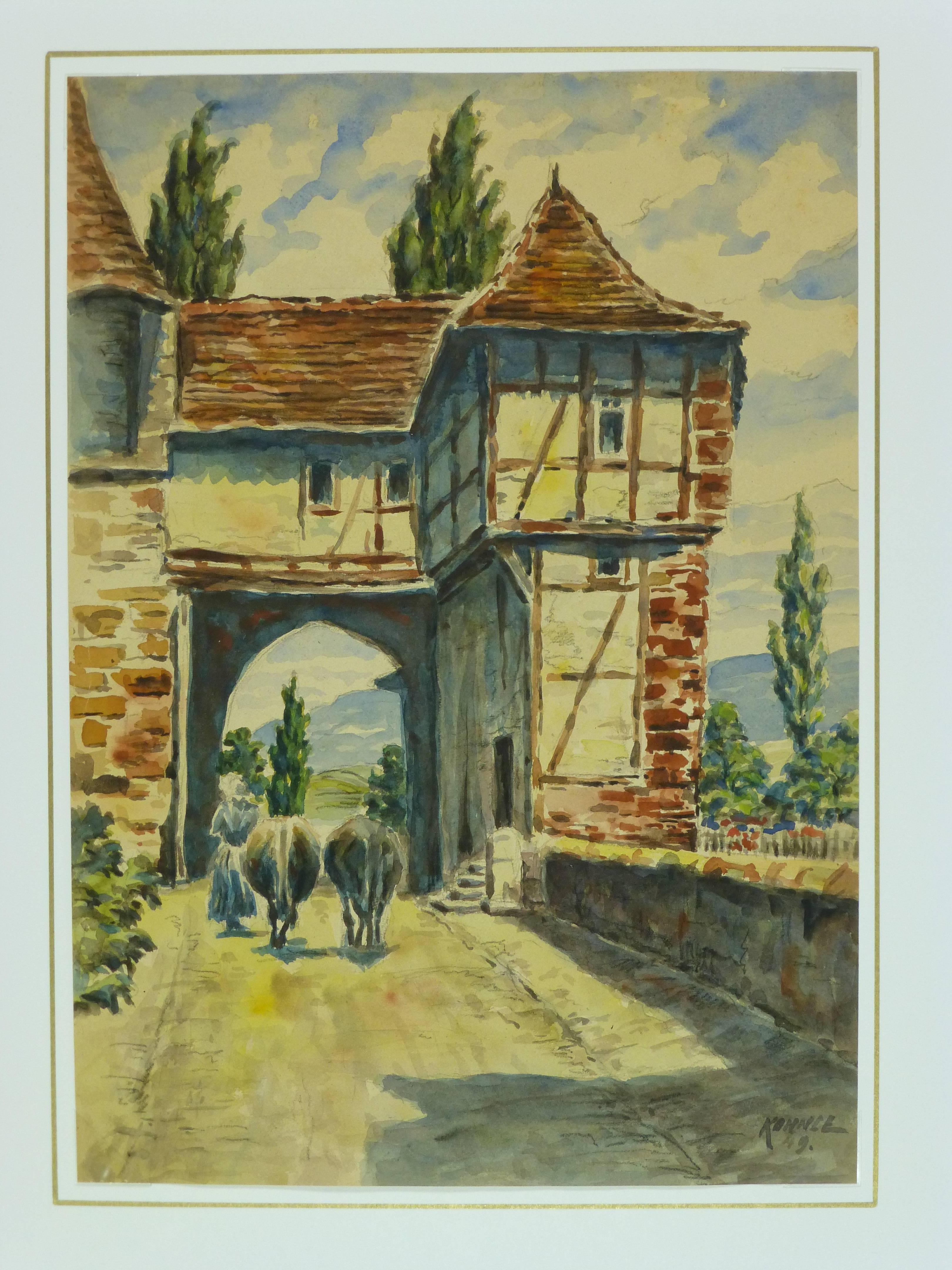 Vintage Watercolor - The Village Gates - Brown Landscape Art by Unknown