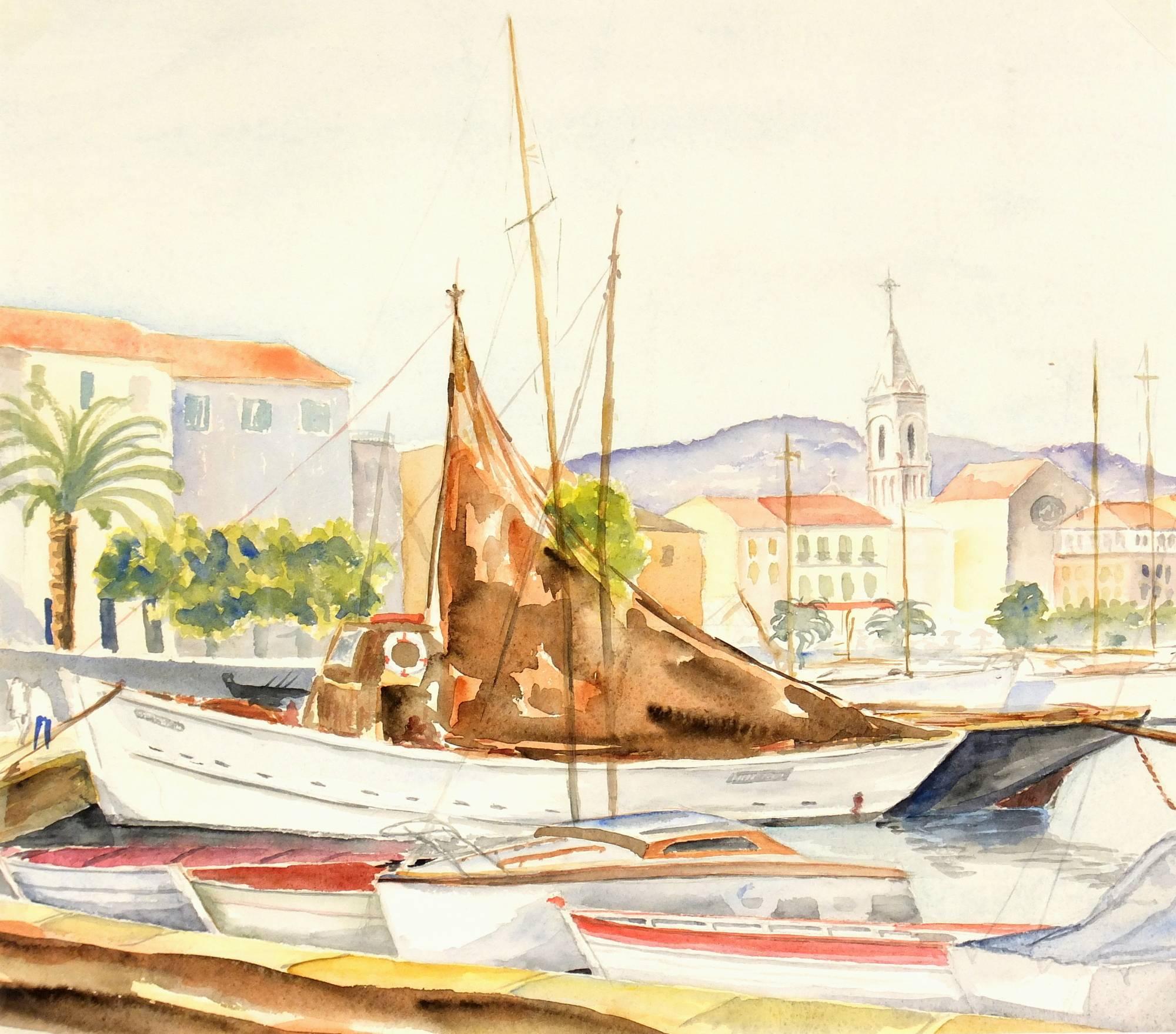 Unknown Landscape Art - French Watercolor Harbor Landscape - Mediterranean Wharf with Sailboats