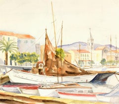 French Watercolor Harbor Landscape - Mediterranean Wharf with Sailboats