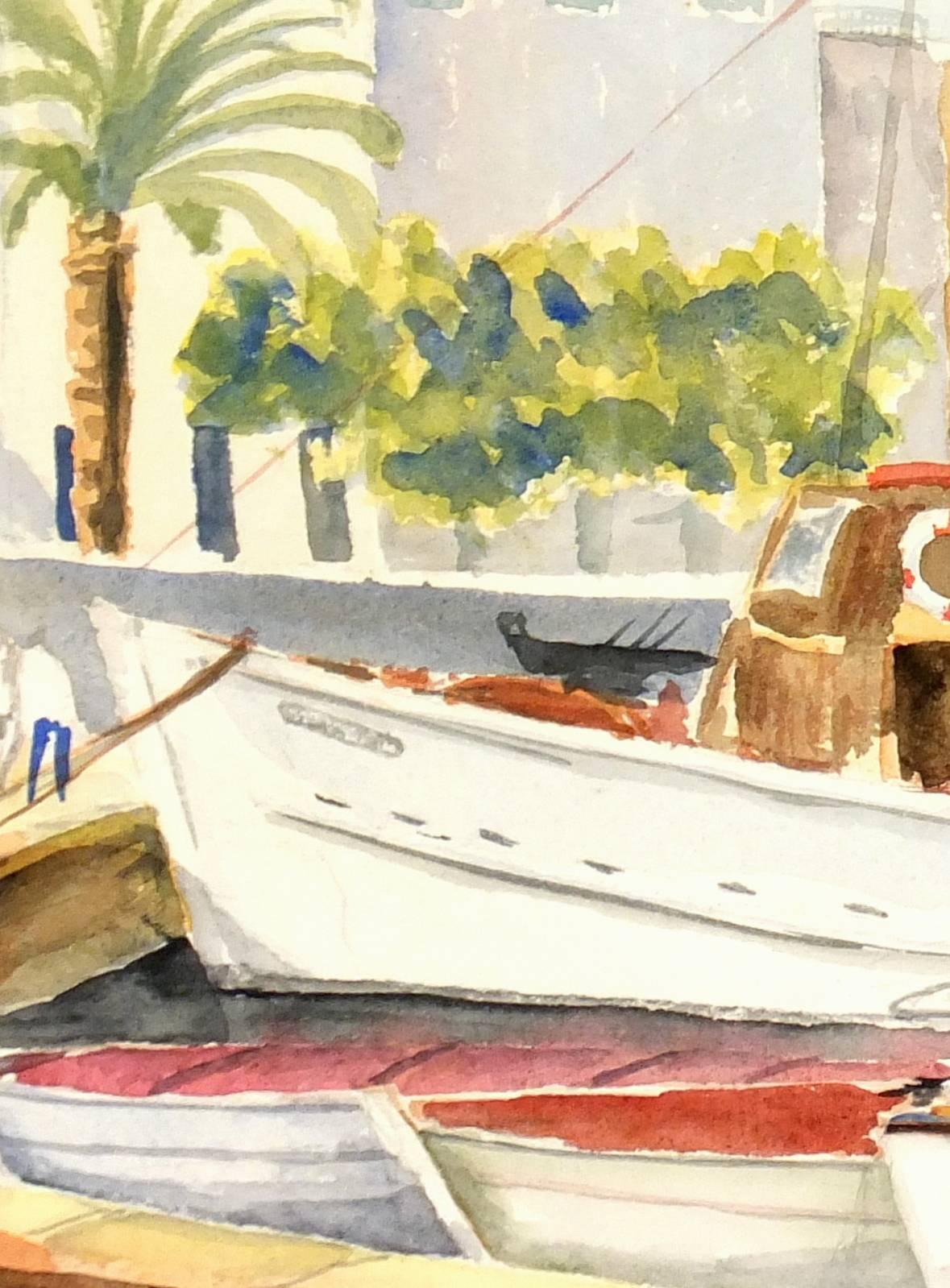 French Watercolor Harbor Landscape - Mediterranean Wharf with Sailboats - Art by Unknown