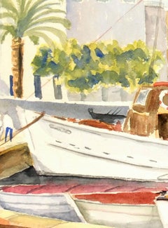 French Watercolor Harbor Landscape - Mediterranean Wharf with Sailboats