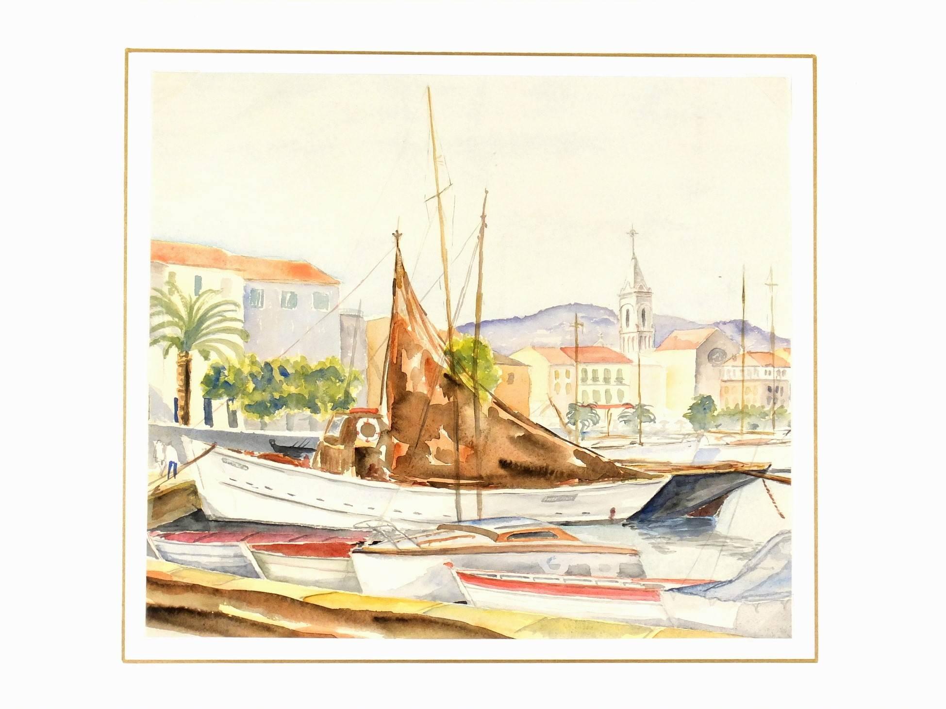 French Watercolor Harbor Landscape - Mediterranean Wharf with Sailboats - White Landscape Art by Unknown