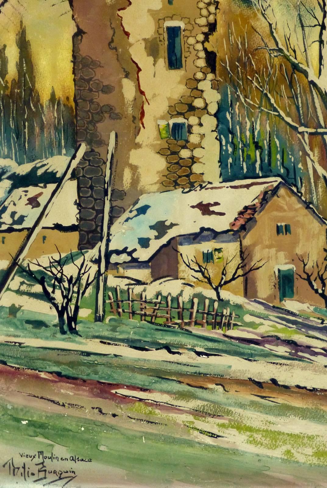 French Watercolor Winter Landscape - Neige Couverte Vieux Moulin en Alsace - Art by Milio Burquin
