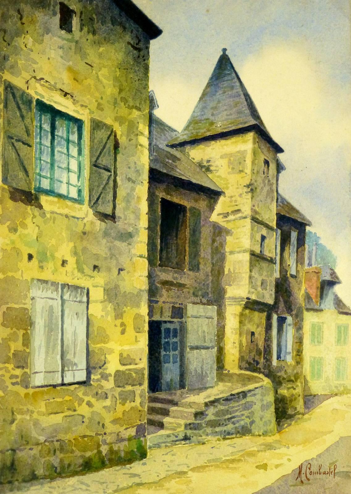 Magdeleine Combastel Landscape Art - Antique French Watercolor - Old Town Square 