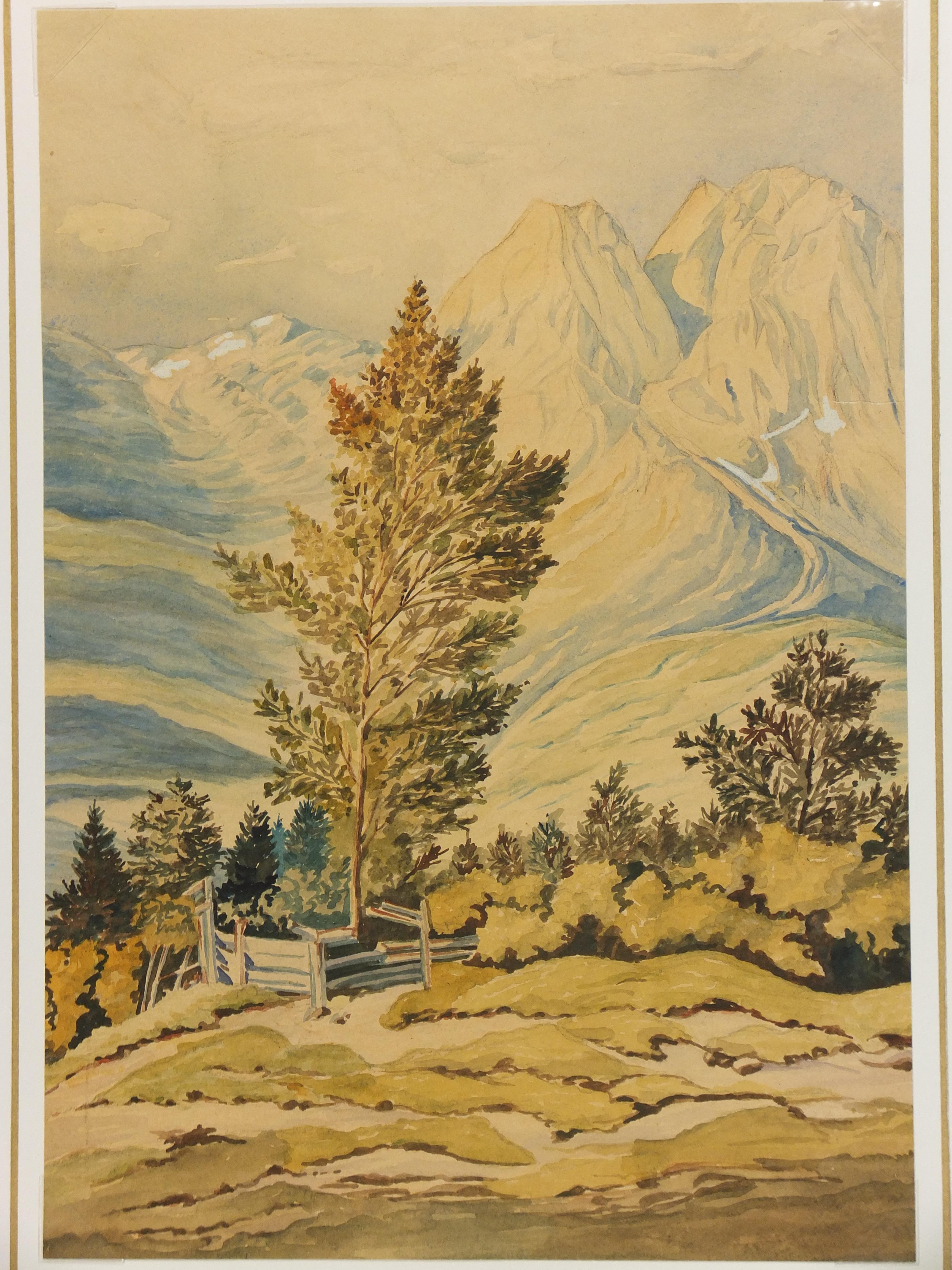 Antique Watercolor - Rich Sunlit Mountainside Landscape - Orange Landscape Painting by Unknown