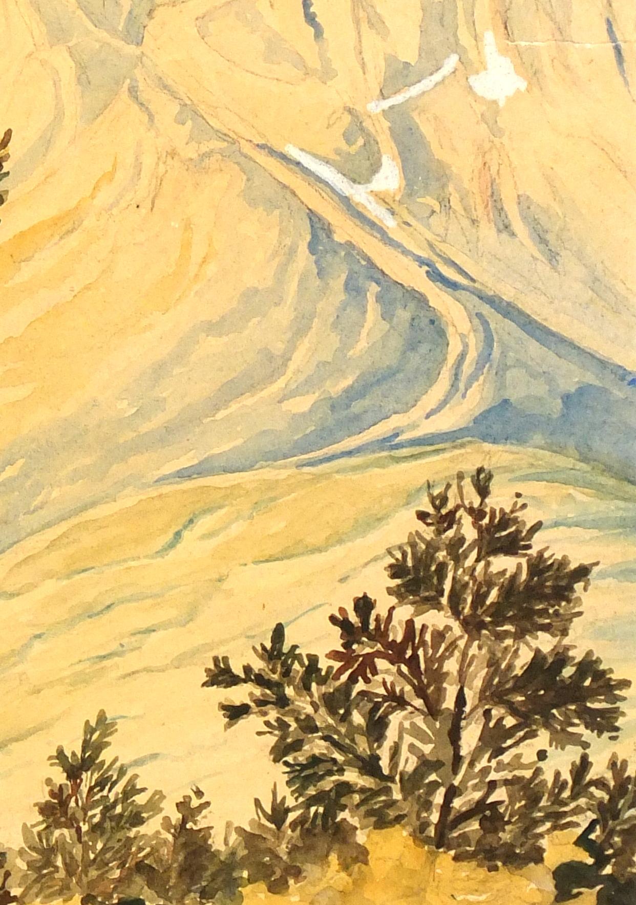 Antique Watercolor - Rich Sunlit Mountainside Landscape - Painting by Unknown