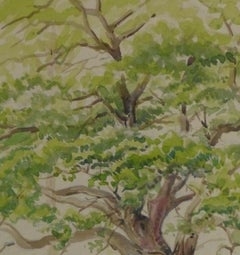 Aquarell-Landschaft - Majestic Oak mit Landhaus im Hintergrund