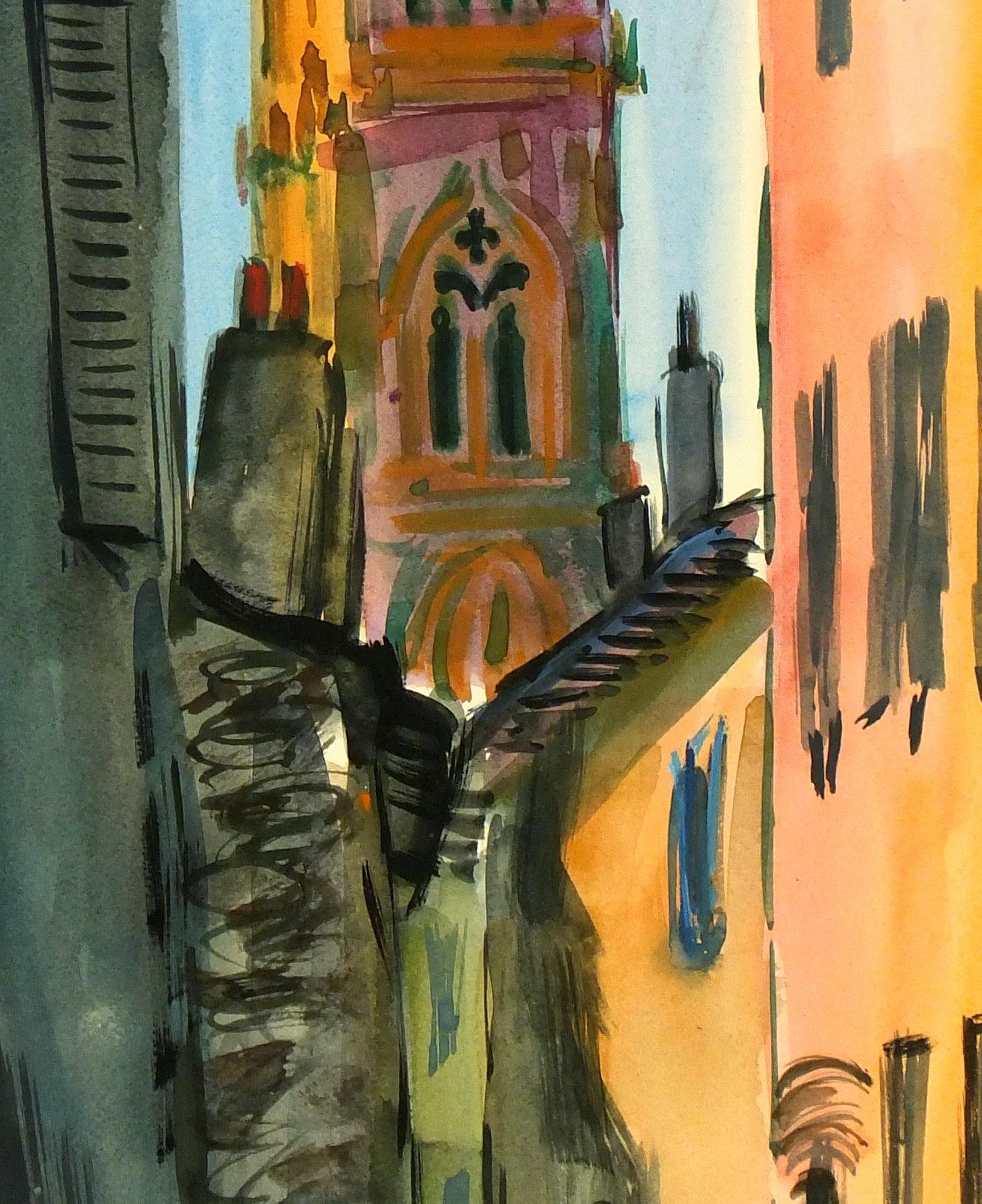 Landschaft – Gouache-Stadtkathedrale – Art von Unknown