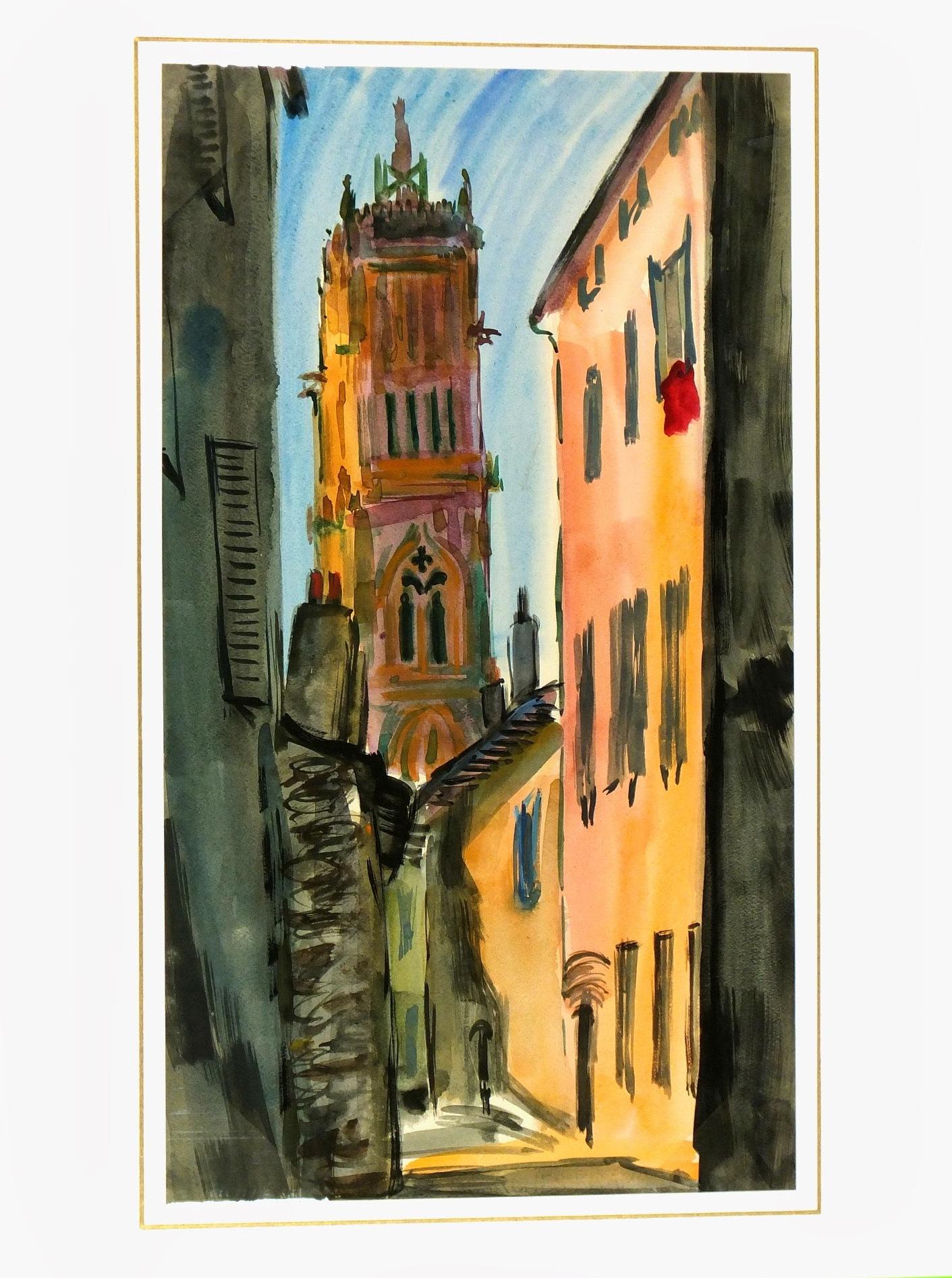 Masterful watercolor of a cathedral's spire seen through ancient streets, c.1960. Displayed on a white mat with a gold border and fits a standard-size frame. Archival plastic sleeve and Certificate of Authenticity included. Artwork, 20.75