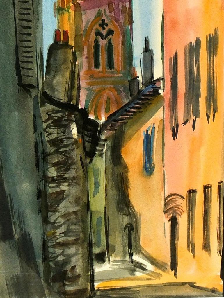 Landschaft – Gouache-Stadtkathedrale (Schwarz), Landscape Art, von Unknown