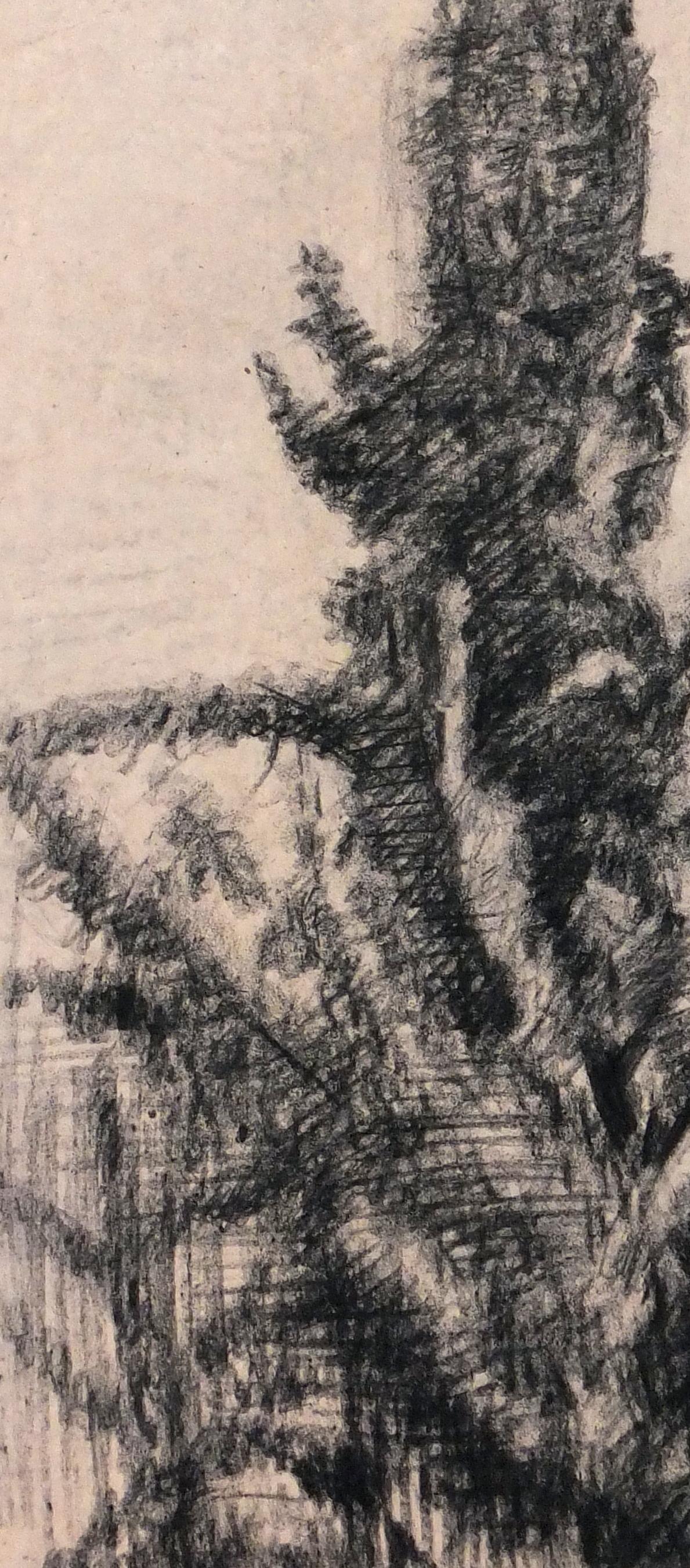 French midcentury drawing of a tree, circa 1920. Displayed on a white mat with a gold border and fits a standard-sized frame. Archival plastic sleeve and a Certificate of Authenticity included. Artwork, 17.5