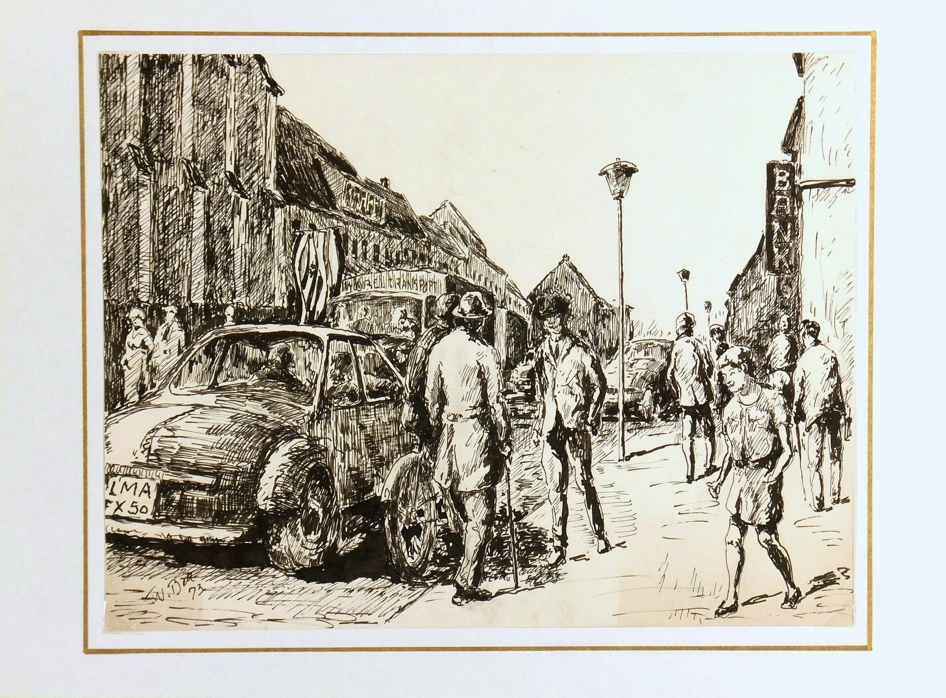 Scène de rue au stylo et à l'encre - Une promenade d'après-midi dans la ville en vente 1