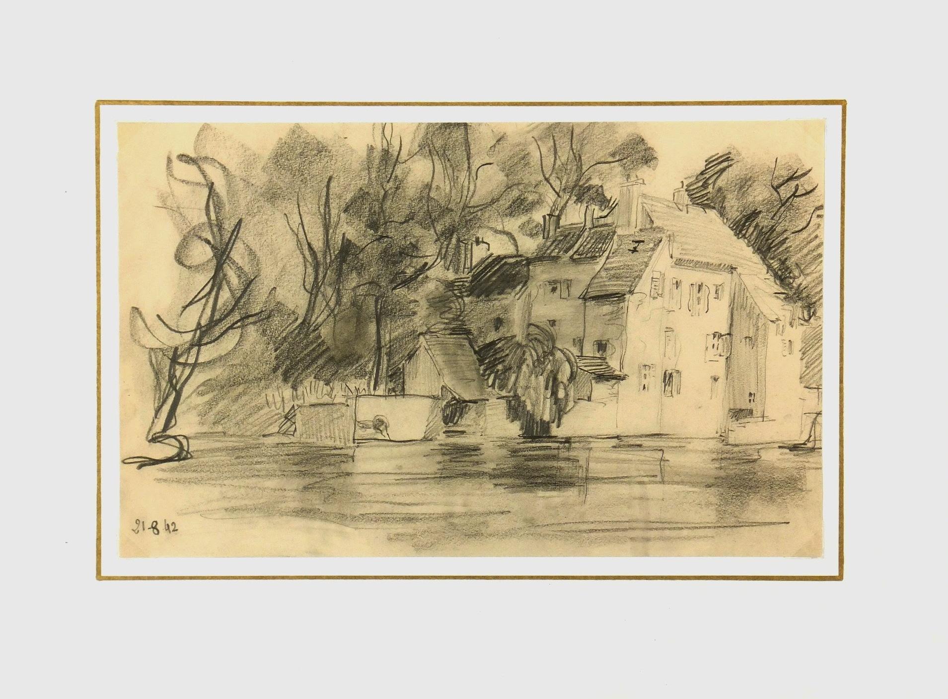 Delizioso disegno di un antico mulino ad acqua, 1942. Datato in basso a sinistra. 

È esposto su un tappetino bianco con bordo dorato e si adatta a una cornice di dimensioni standard. Custodia in plastica per archivi e certificato di autenticità