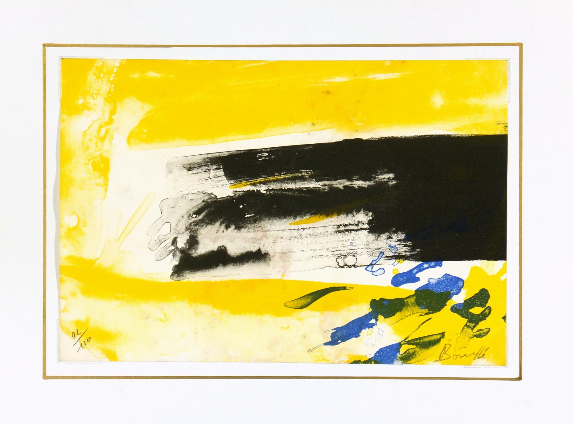 Bright sunshine yellow abstract painting with black streaks and blue splatters, by artist Charles Bouille´, 1995. Displayed in a white mat with a gold border and fits a standard-size frame. Archival plastic sleeve and Certificate of Authenticity