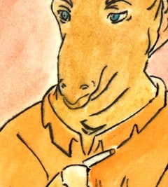 Gravure à l'eau-forte - Animaux à capuche fumant, aquarelle acrylique anthropomorphe camel au pastel