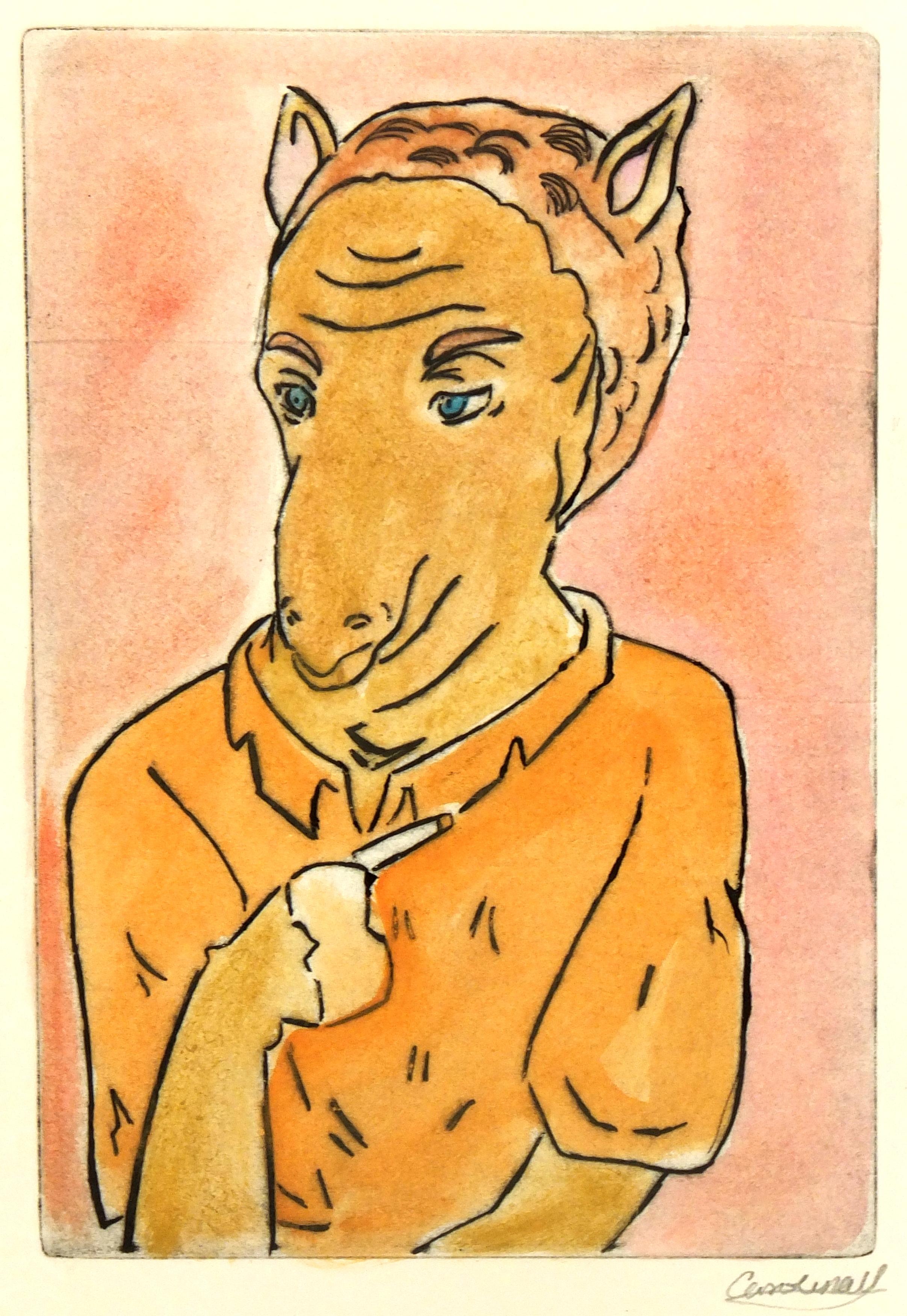 Etching - Smoking Hoofed Animal, Pastel Watercolor Acrylic Anthropomorphic Camel