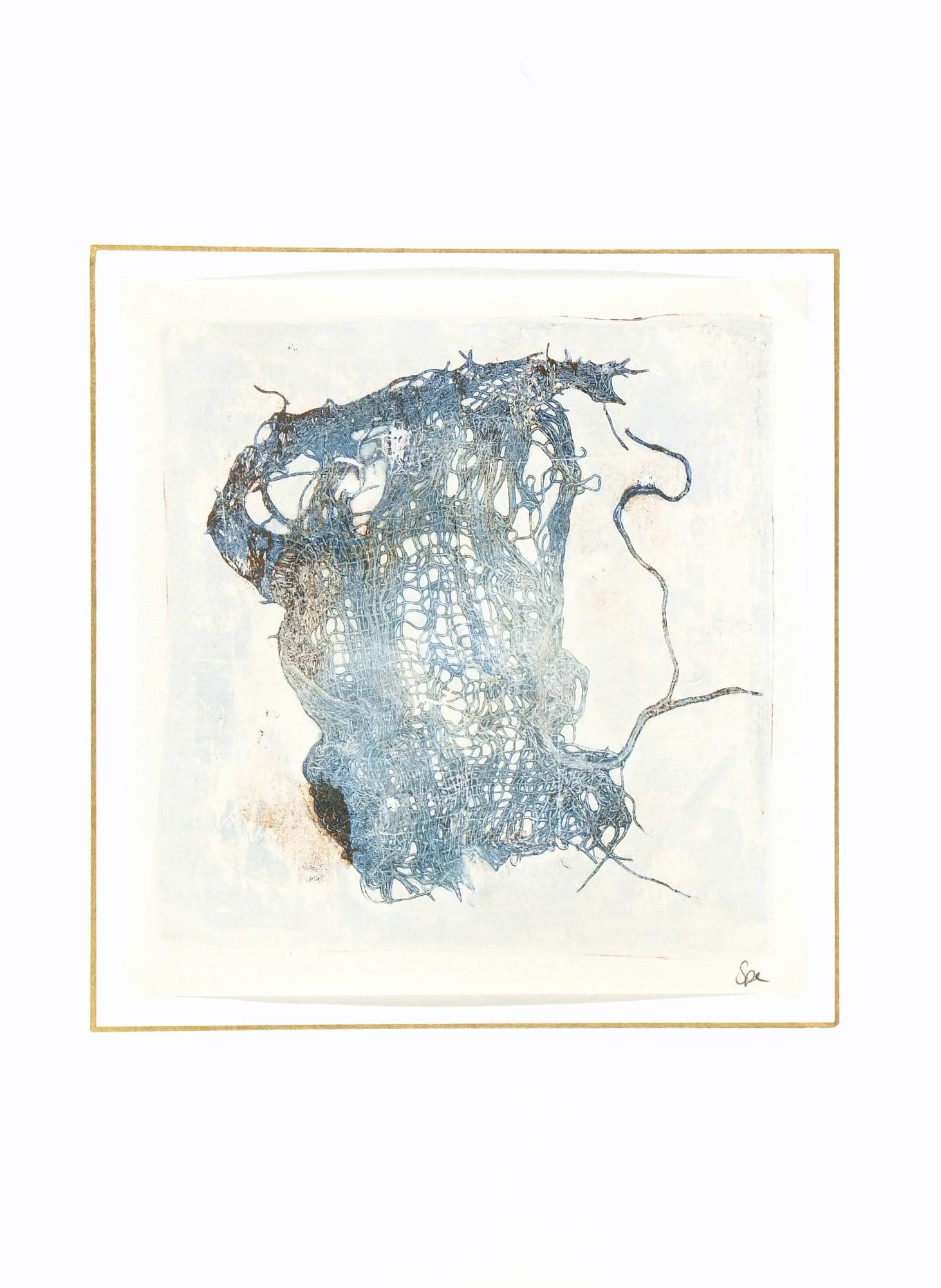 Bold acrylic abstract painting in blue with shades of gold/tan by British artist Spe, 2013. Signed lower right.

Original artwork on paper displayed on a white mat with a gold border. Mat fits a standard-size frame.  Archival plastic sleeve and