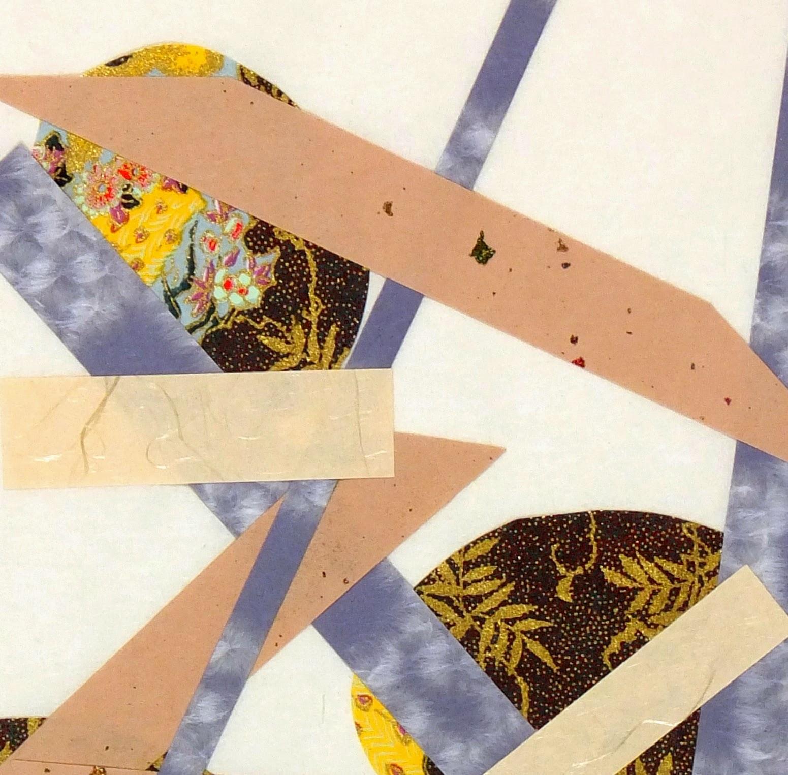 Collage moderne abstrait de longues formes géométriques en bleu, brun et beige, par l'artiste Spe, années 2000. Signé. Présenté dans un passe-partout blanc avec une bordure dorée, il convient à un cadre de taille standard. Pochette plastique