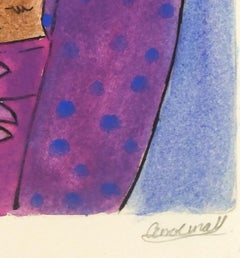 Gravure à l'eau-forte - Animaux féminin, aquarelle au pastel et chien anthropomorphe acrylique