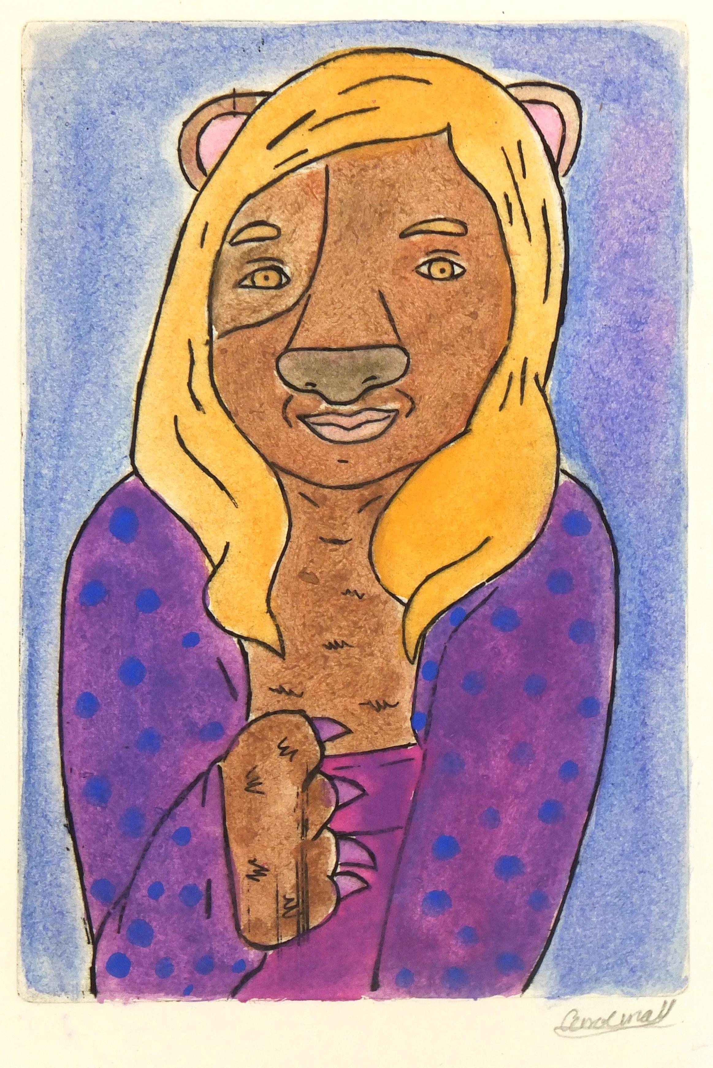 Etching - Lady Animal, Pastel Watercolor and Acrylic Anthropomorphic Dog