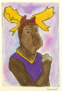 Etching - Manly Moose, Pastel Watercolor and Acrylic Anthropomorphic Moose