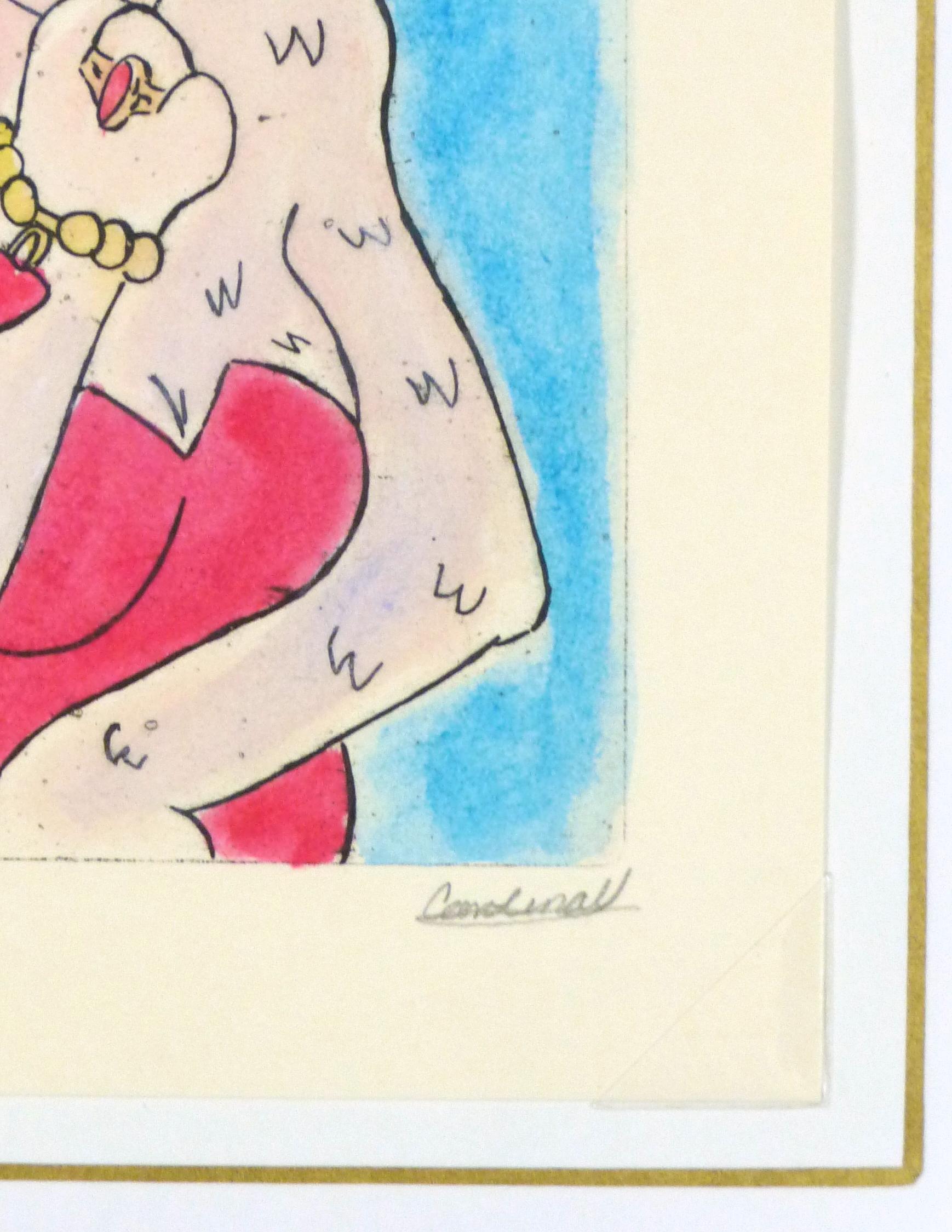 Etching - Lady Animal, Pastellfarbenes Aquarell und Acryl Anthropomorphic Bunny – Art von Ana May