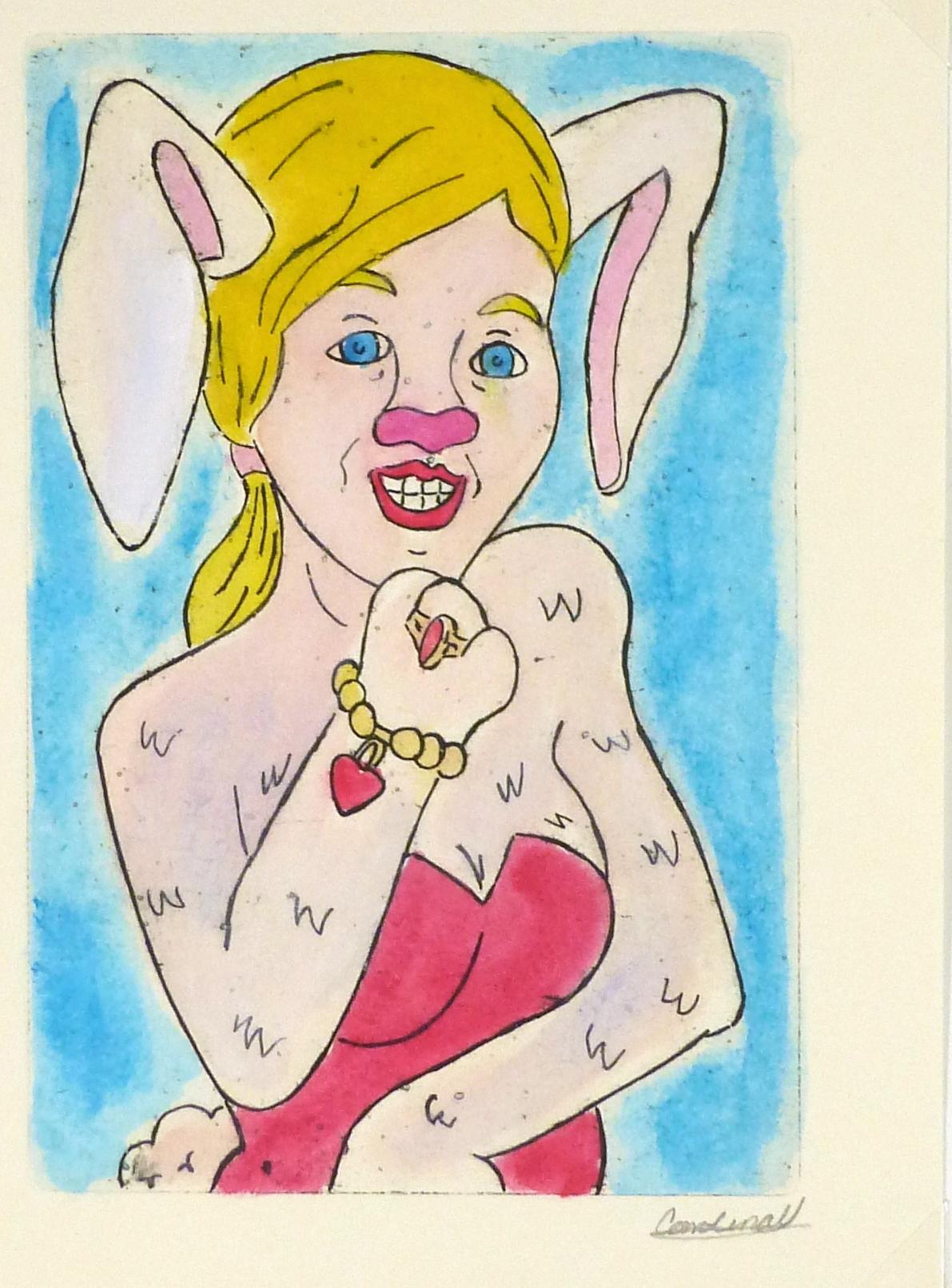 Etching - Lady Animal, Pastellfarbenes Aquarell und Acryl Anthropomorphic Bunny (Sonstige Kunststile), Art, von Ana May