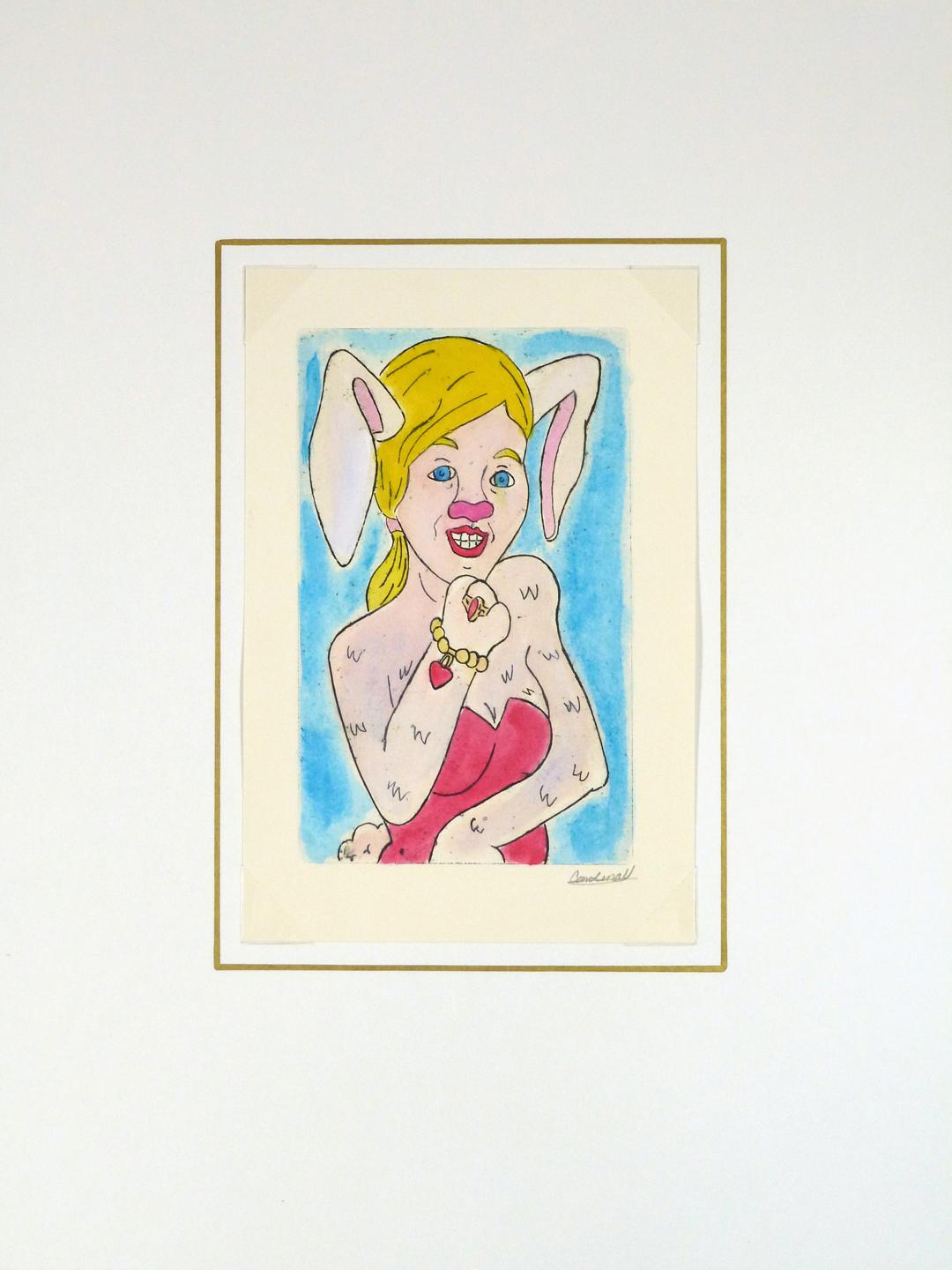 Etching - Lady Animal, Pastellfarbenes Aquarell und Acryl Anthropomorphic Bunny (Beige), Figurative Art, von Ana May