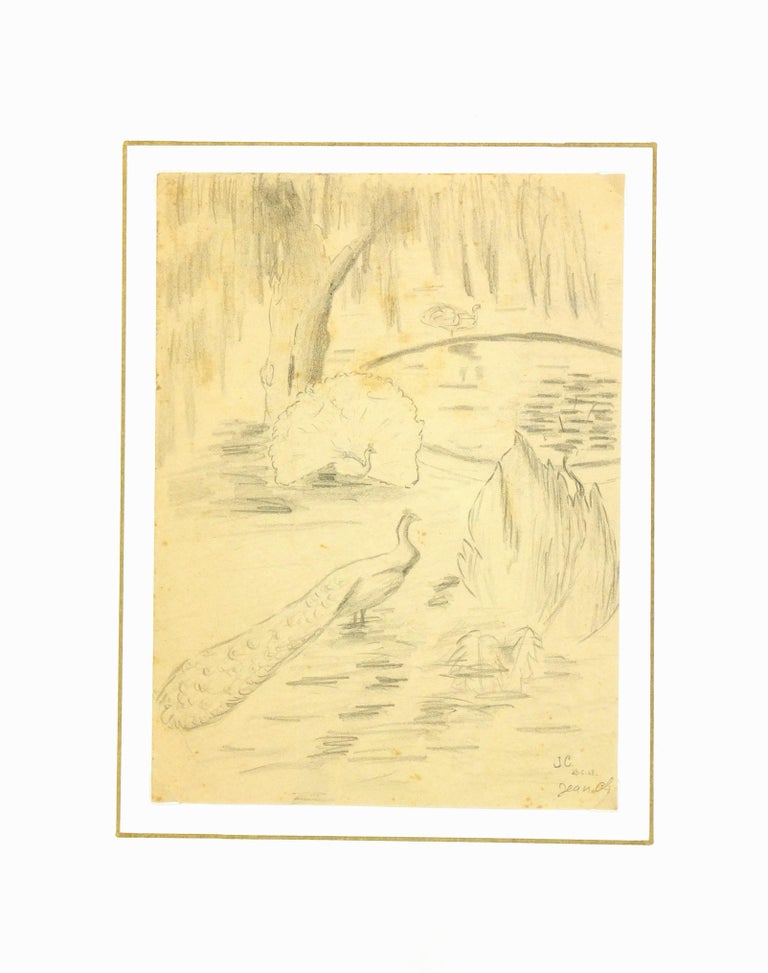 Pencil drawing of splendid peacocks resting peacefully beside a glistening pond and willow tree. Signed and dated 1942 lower right. 

Displayed on a white mat with a gold border and fits a standard-size frame. Archival plastic sleeve and Certificate