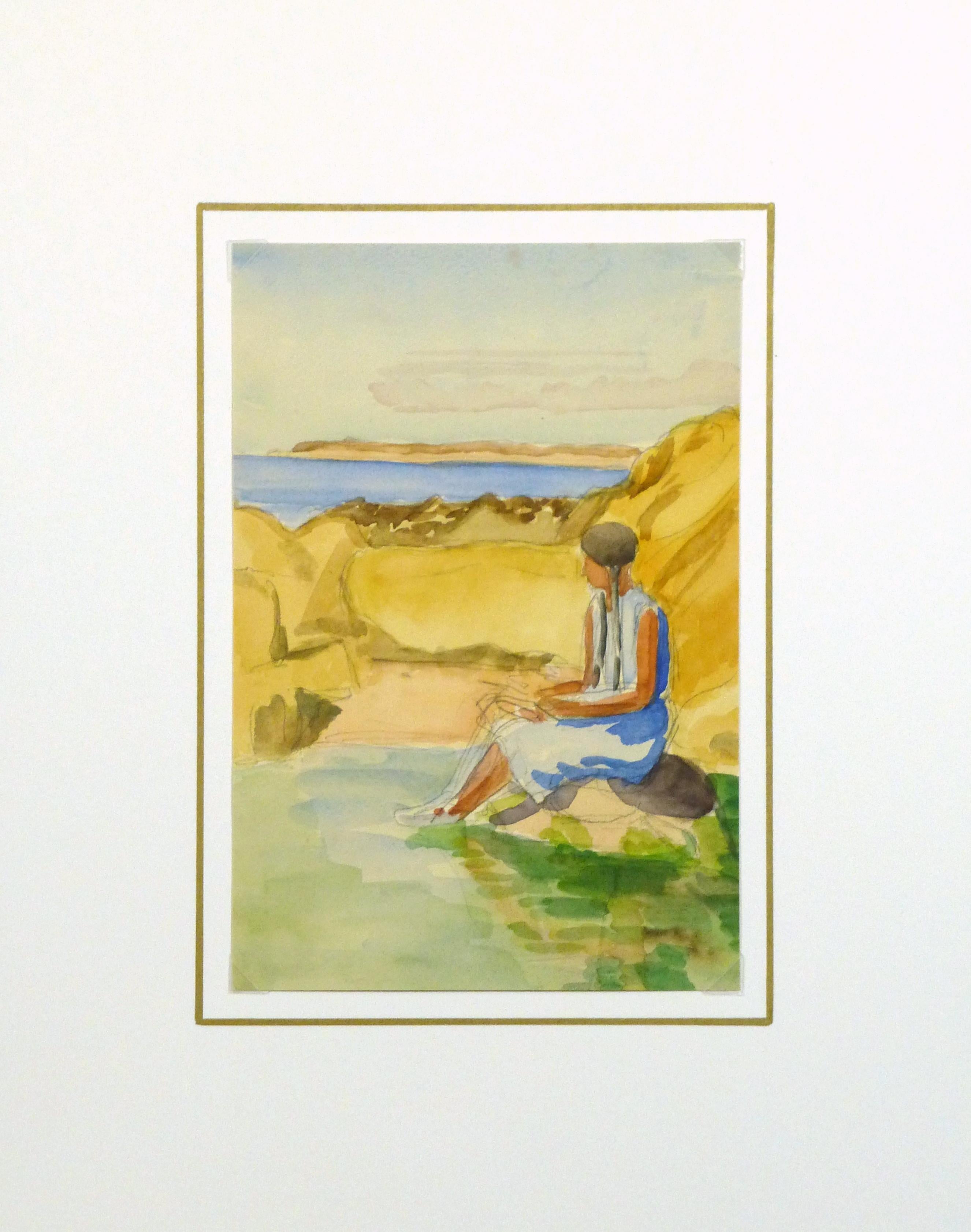 Lively watercolor painting of a woman enjoying the lakeside. 

Displayed in a white mat with a gold border and fits a standard-sized frame. Archival plastic sleeve and Certificate of Authenticity included. Artwork,  8