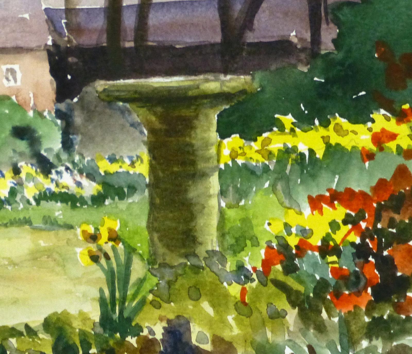 English Watercolor Landscape - Garden Nook with Birdbath - Art by Joan Powell