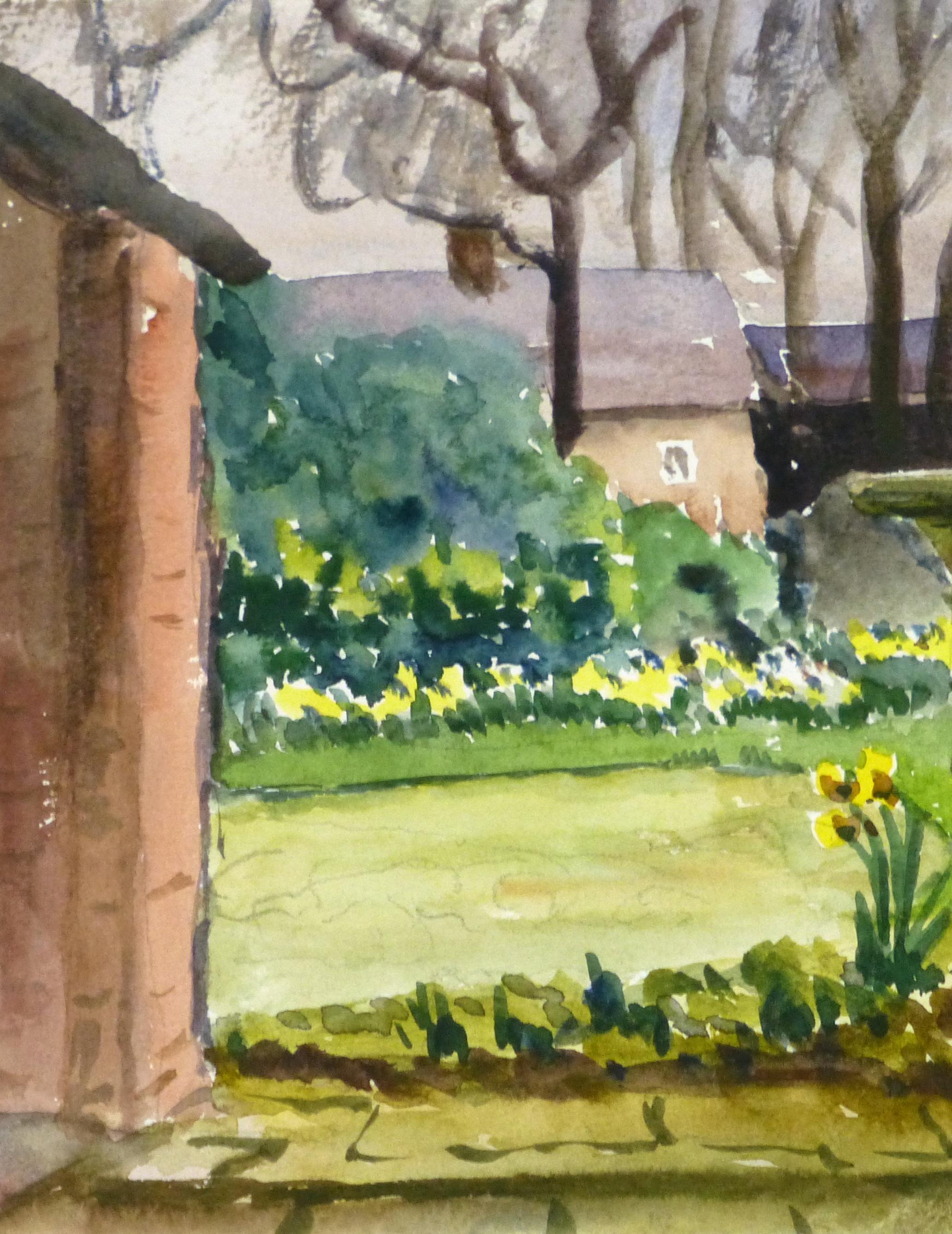 Paisaje inglés en acuarela - Rincón de jardín con baño para pájaros - Landscape Art Gris de Joan Powell