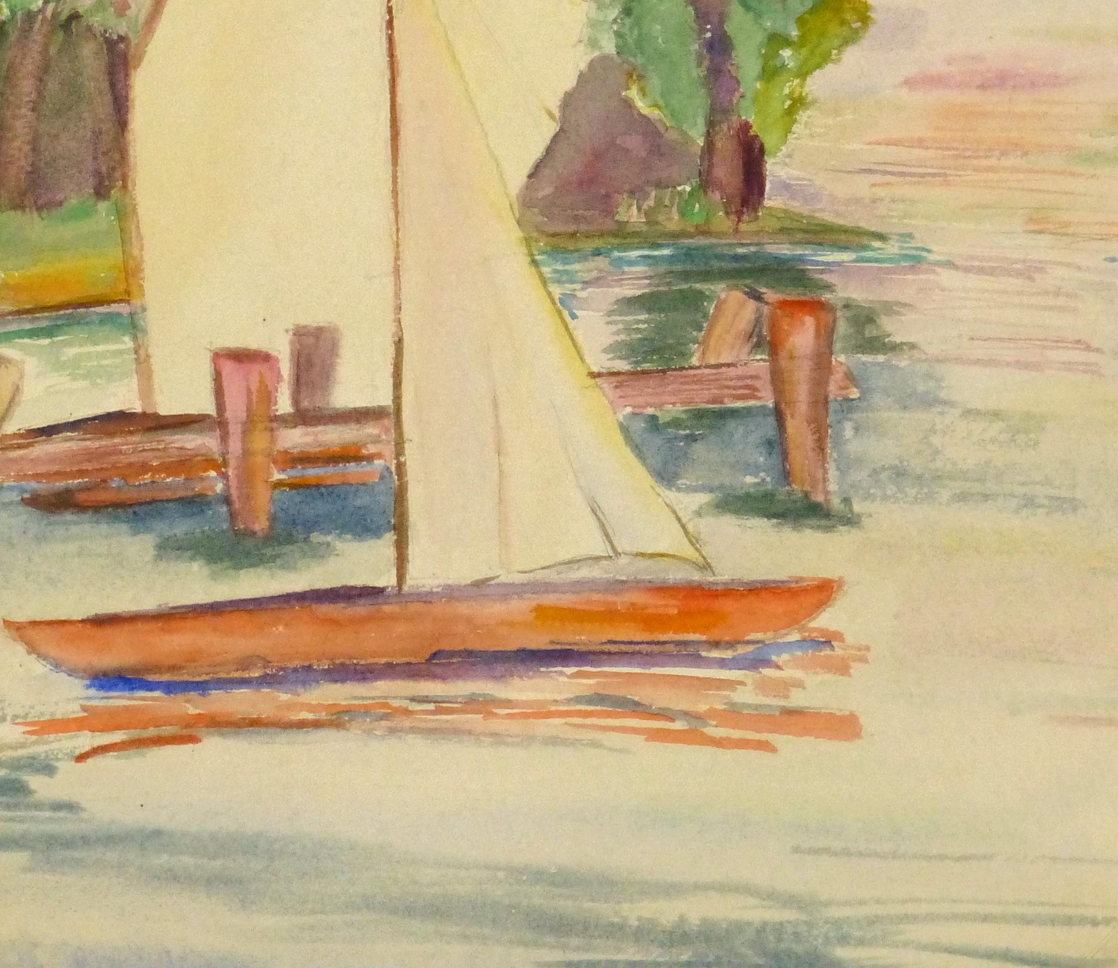 Aquarelle de bord de lac - Voiliers sur le lac - Beige Landscape Art par Erika Schob