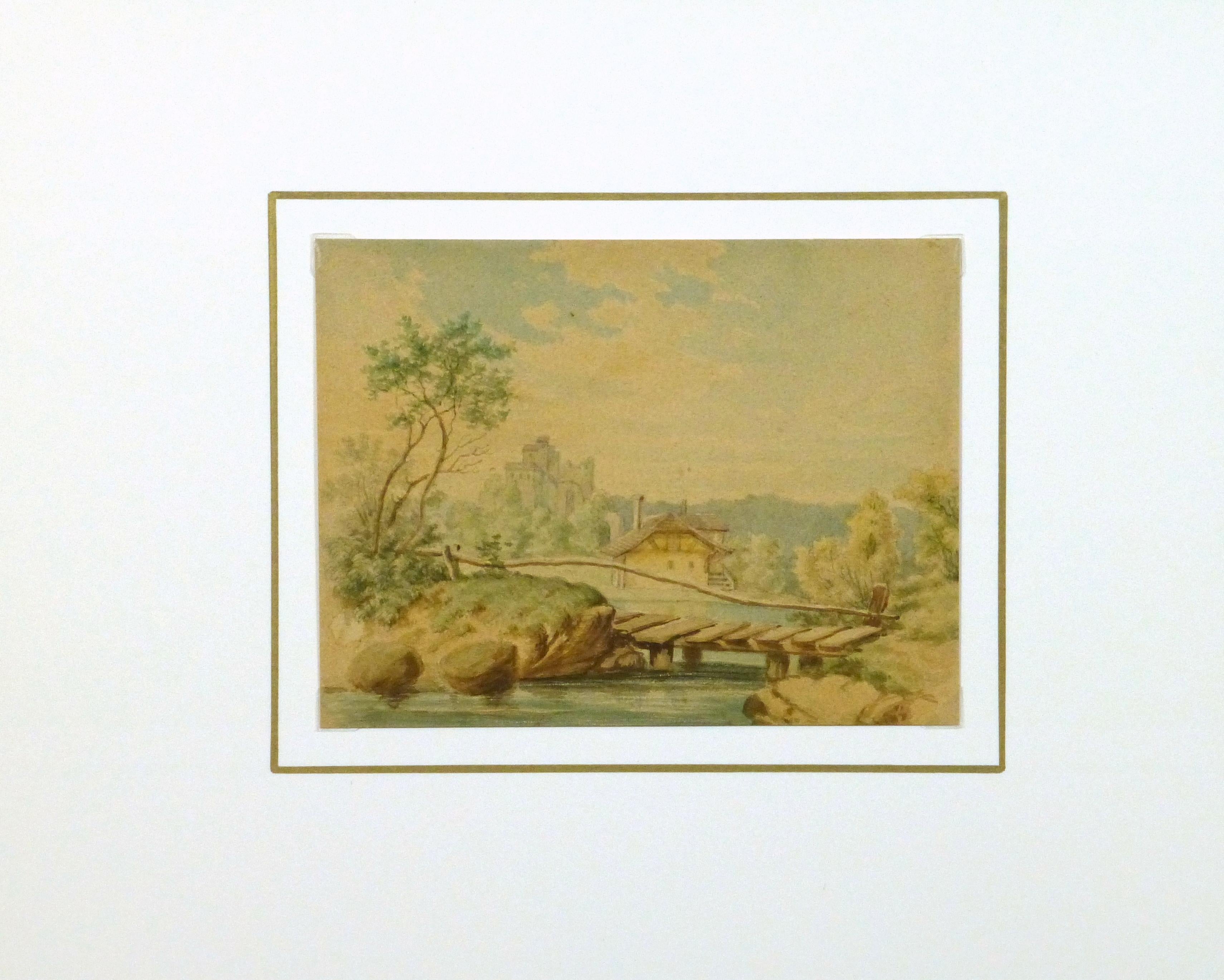Watercolor - Tudor Style Cottage by The Lake - Brown Landscape Art by Unknown