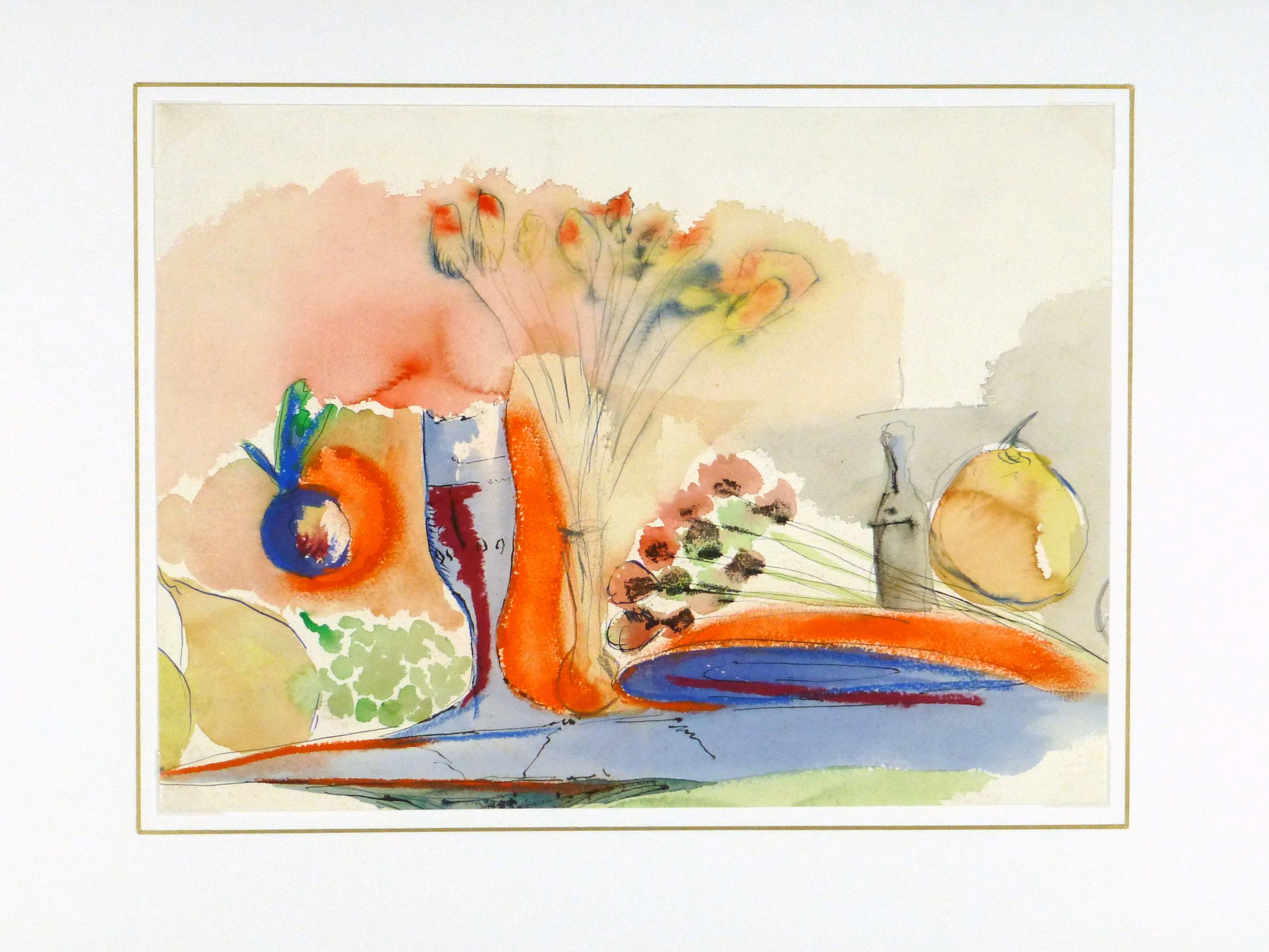 Dreamy French watercolor and ink table still life of fruit, flowers, and a wineglass, circa 1960. 

Displayed on a white mat with a gold border and fits a standard-size frame. Archival plastic sleeve and Certificate of Authenticity included.