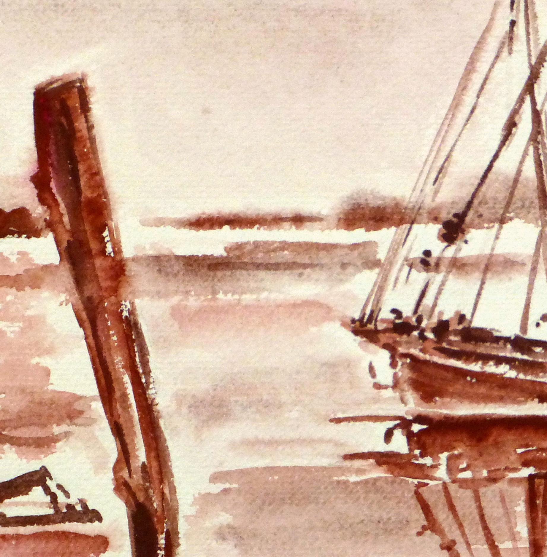 French Seascape - Sailing Vessel in Crimson Tide - Beige Landscape Art by Unknown