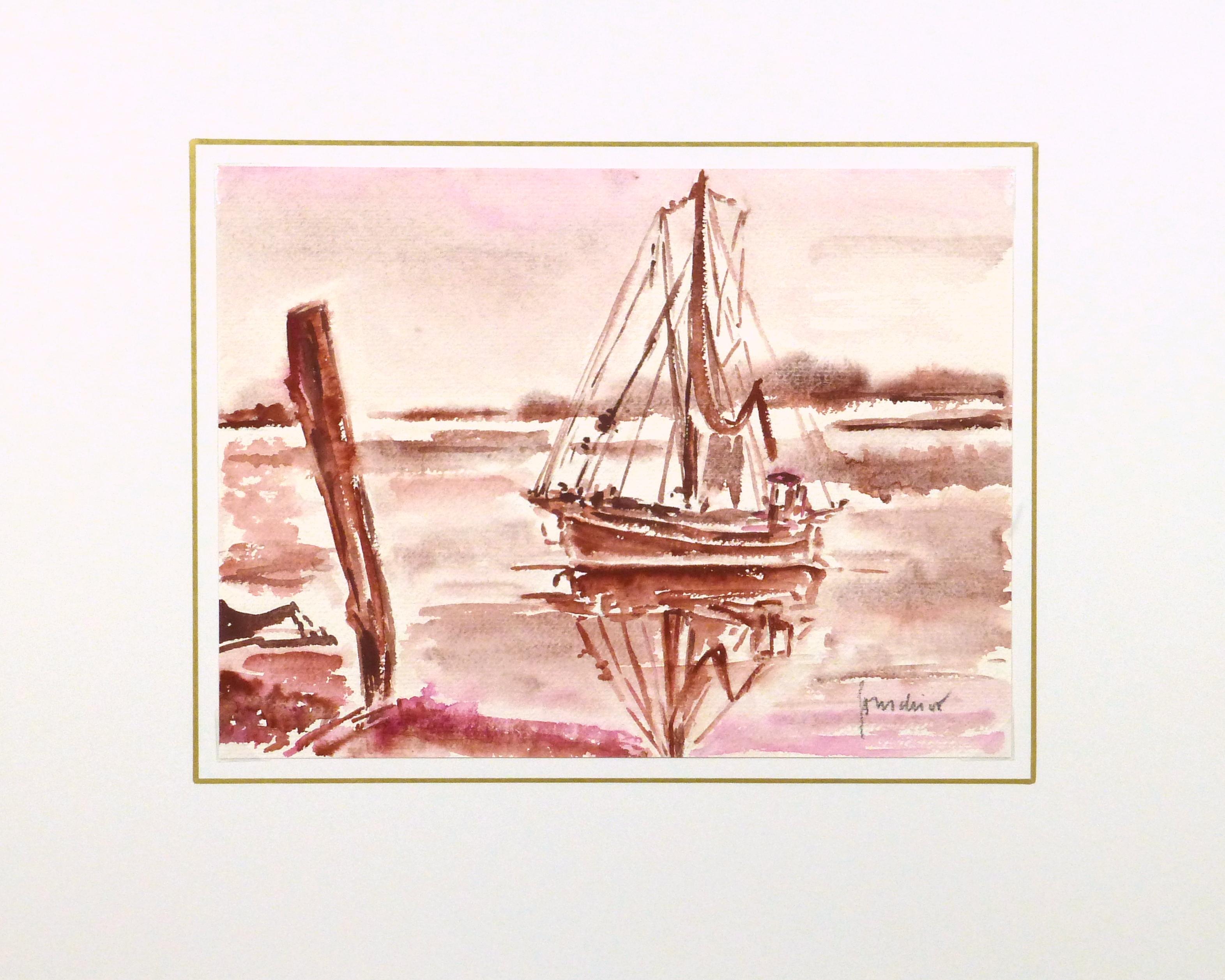 Distinctive French seascape watercolor painting of an anchored sailing vessel in muted shades of crimson, 1982. Signed lower right. 

Displayed on a white mat with a gold border and fits a standard-size frame. Archival plastic sleeve and Certificate