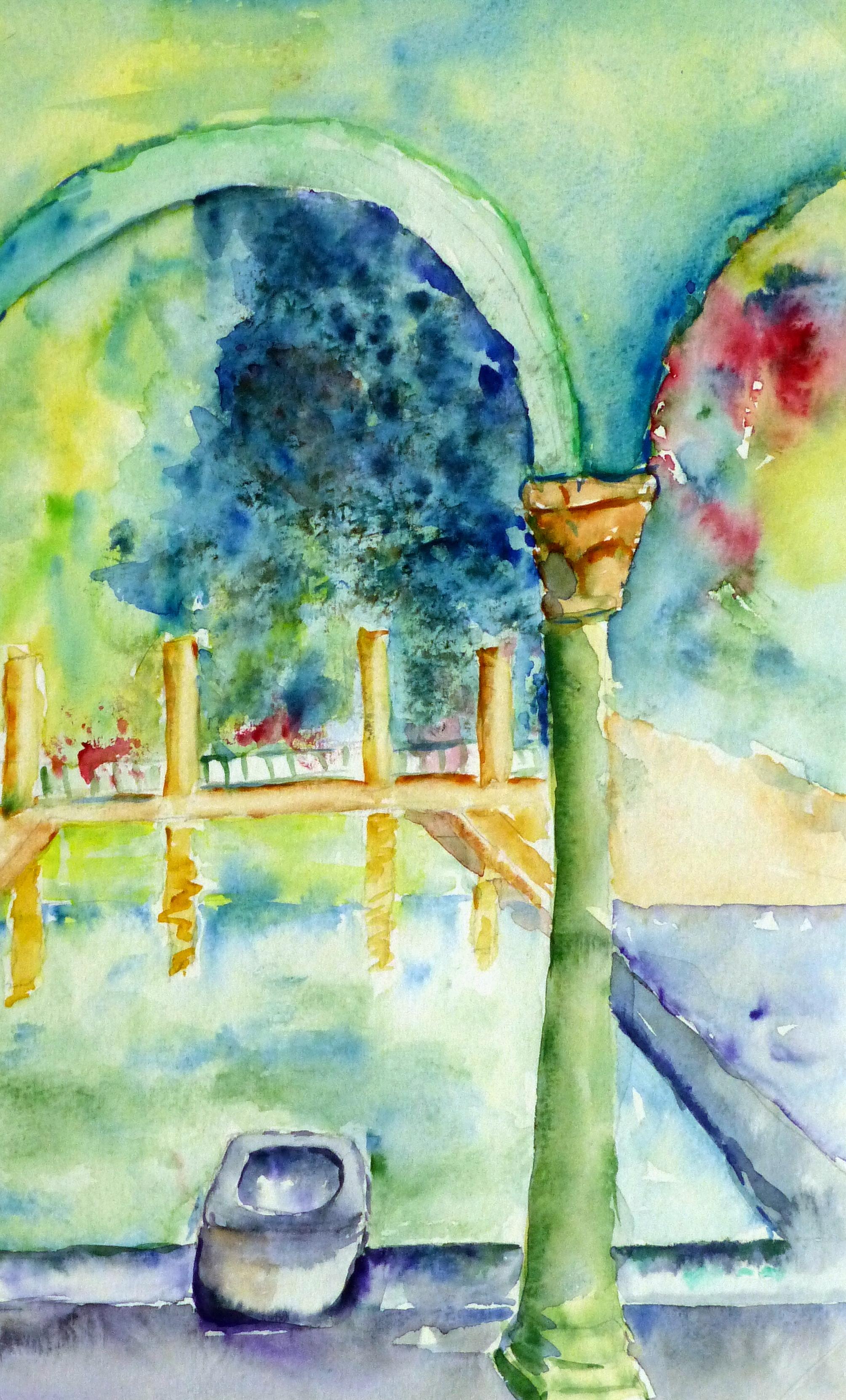 Acquerello francese - Piscina di una villa italiana - Landscape Art Verde di Monique Tachdjian
