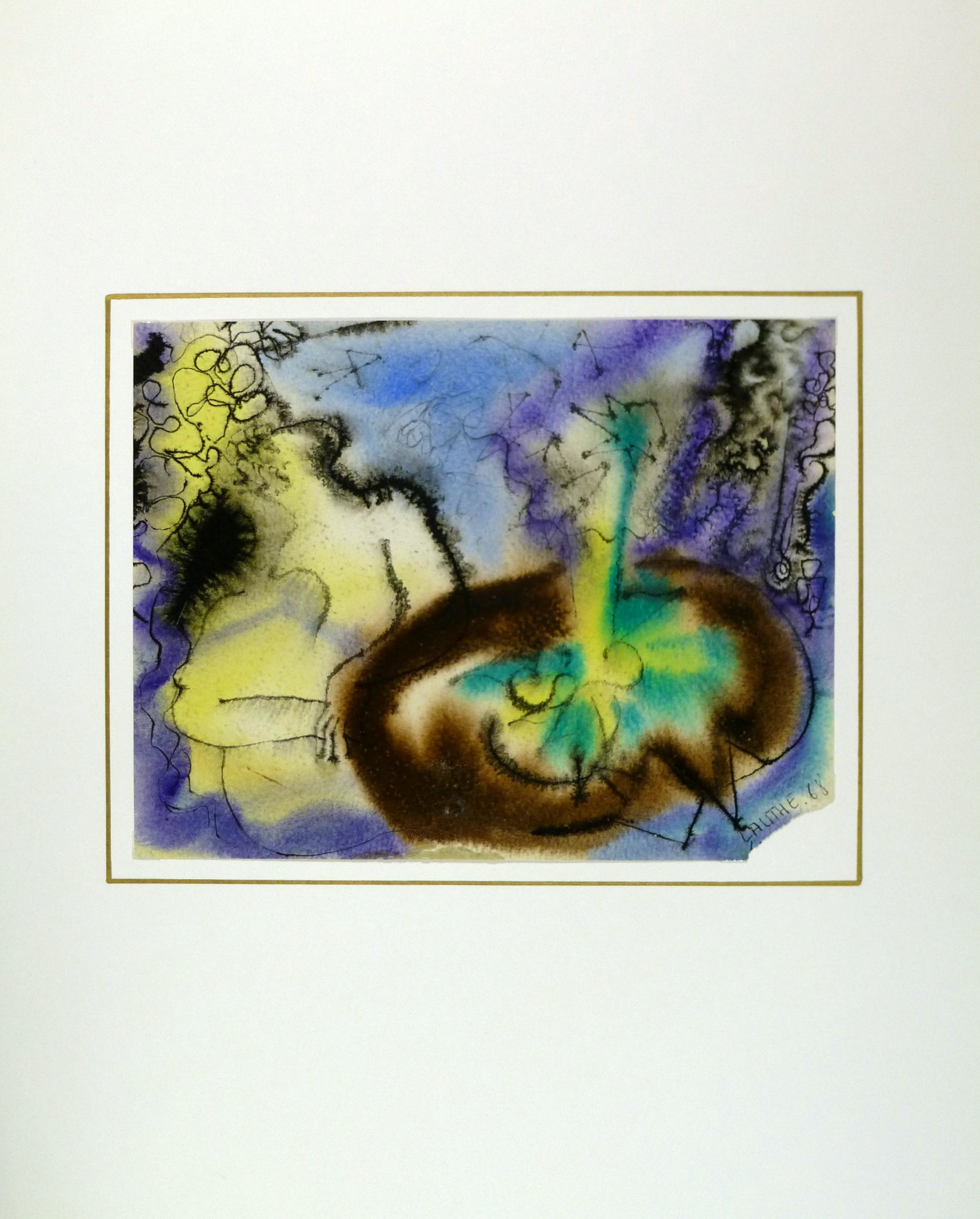 Aquarellabstrakt - Figuren am Tisch (Grau), Abstract Drawing, von Jean-Charles Lauthe
