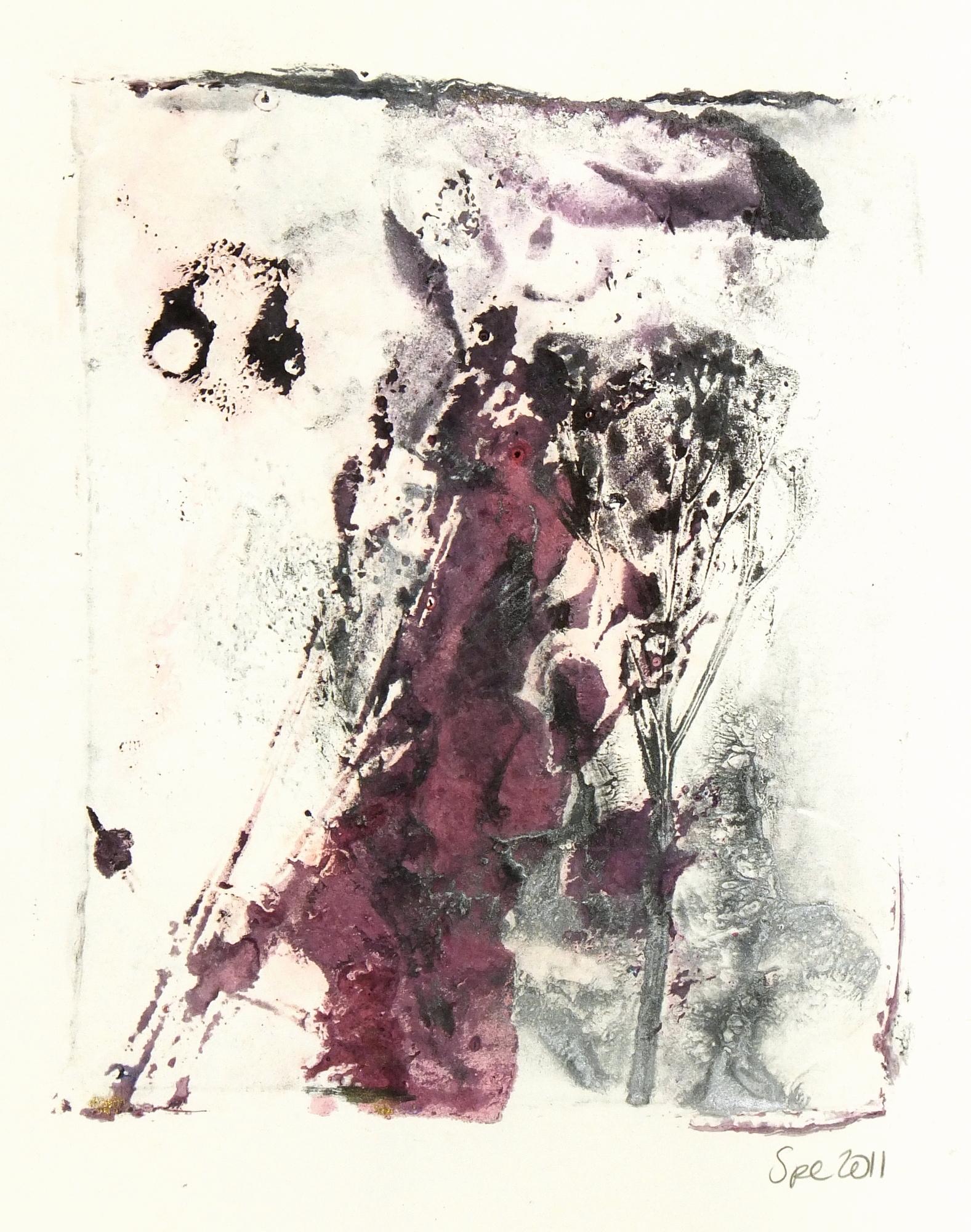 Spe  Abstract Drawing - English Purple and Grey-Hued Watercolor Painting - Abstract Leaf Impressions