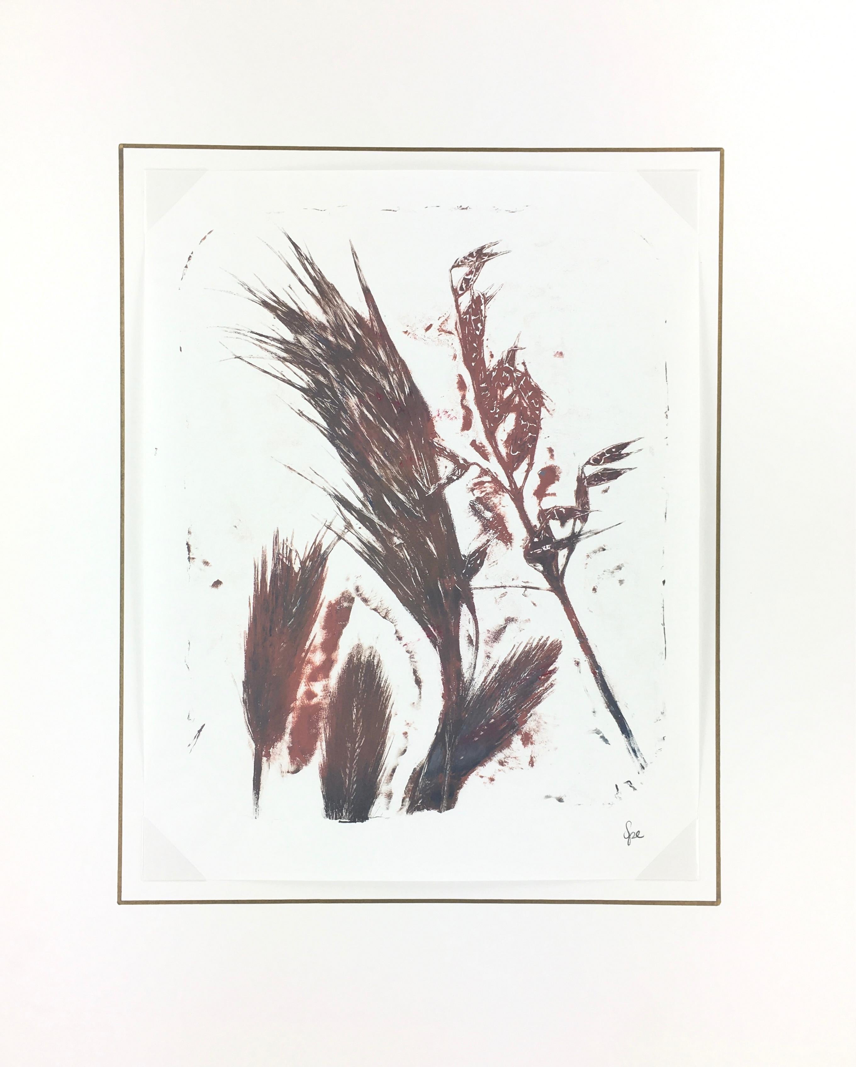 Modern abstract painting of grass and leaves in browns and reds by artist Spe, 2013. Signed lower right.  

Original artwork on paper displayed on a white mat with a gold border. Mat fits a standard-size frame.  Archival plastic sleeve and