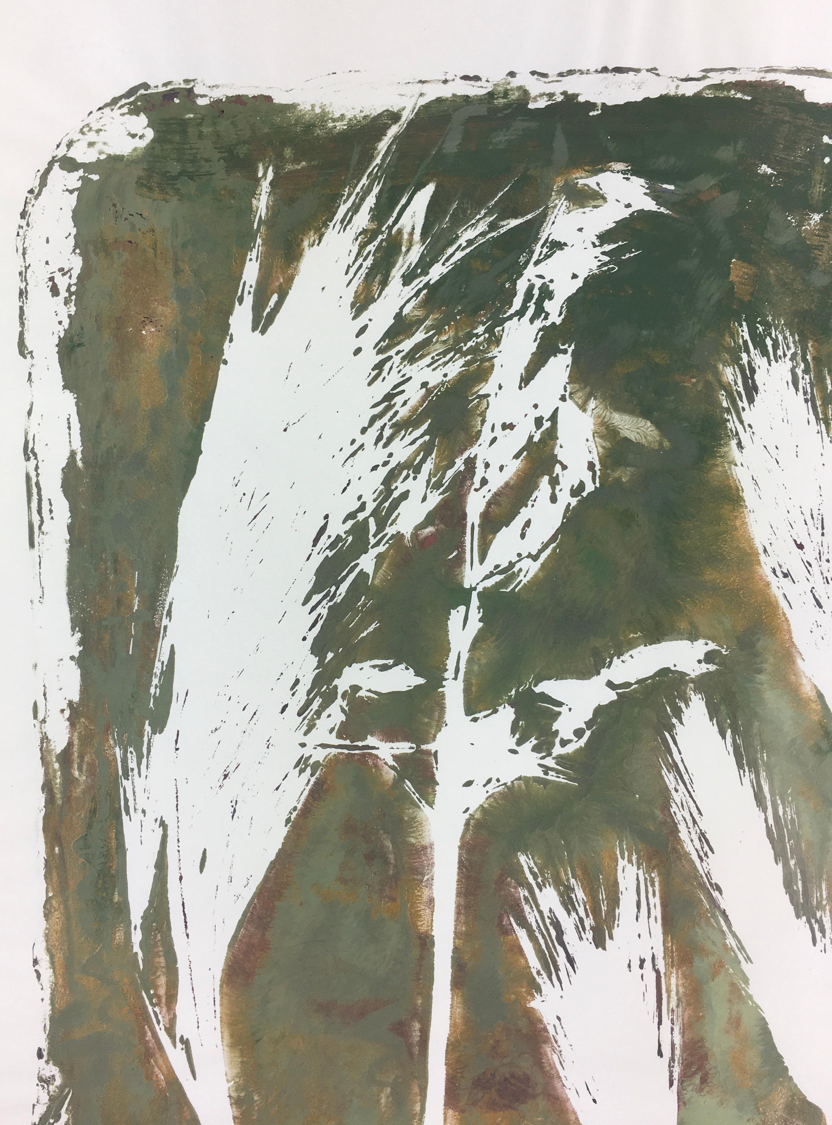 Modern abstract painting of grass and leaves in varying hues of green, golds, and reds by artist Spe, 2013. Signed lower right.  

Original artwork on paper displayed on a white mat with a gold border. Mat fits a standard-size frame.  Archival