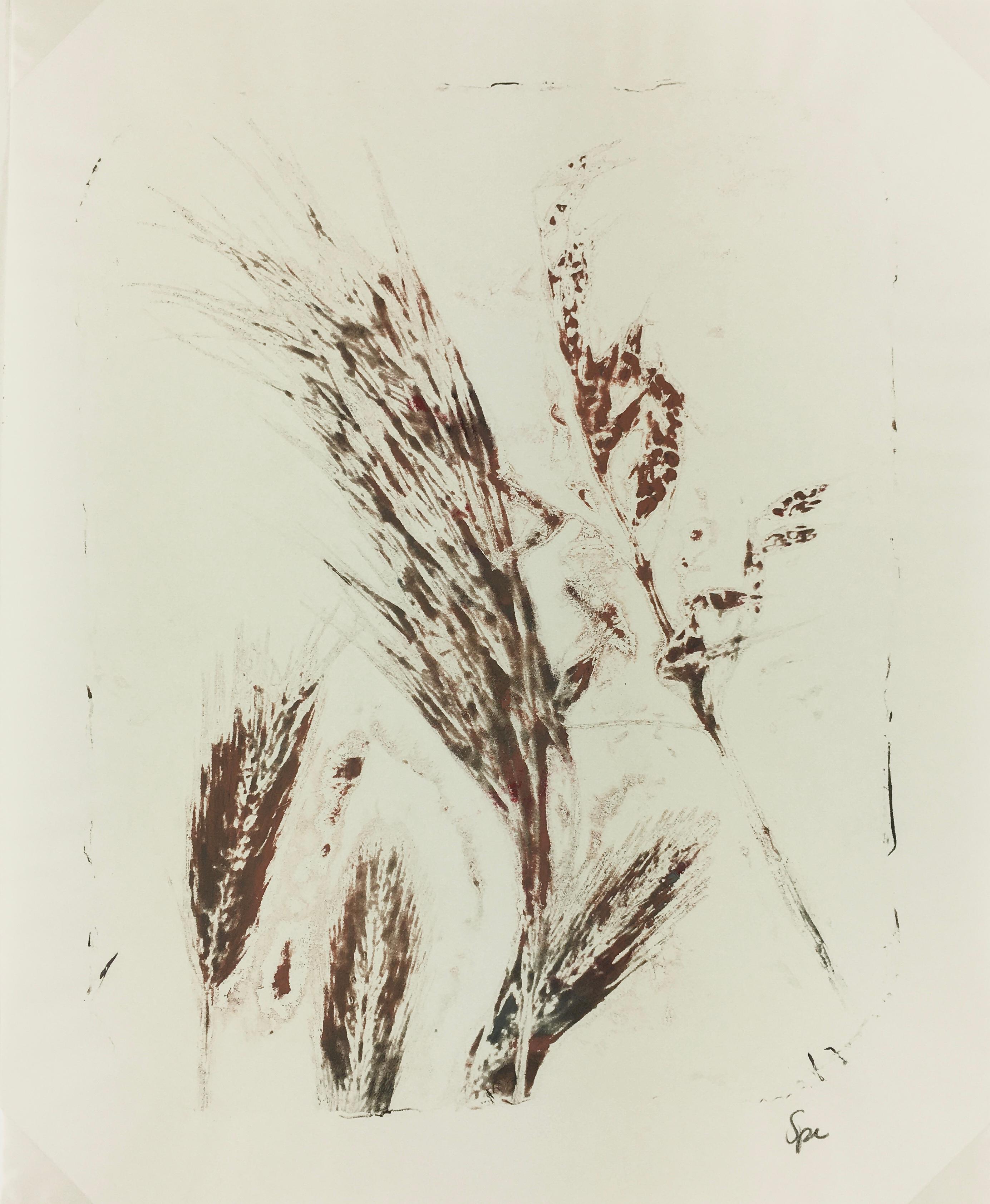 Modern abstract painting of grass and leaves in browns, grays, and reds by artist Spe, 2013. Signed lower right.  

Original artwork on paper displayed on a white mat with a gold border. Mat fits a standard-size frame.  Archival plastic sleeve and